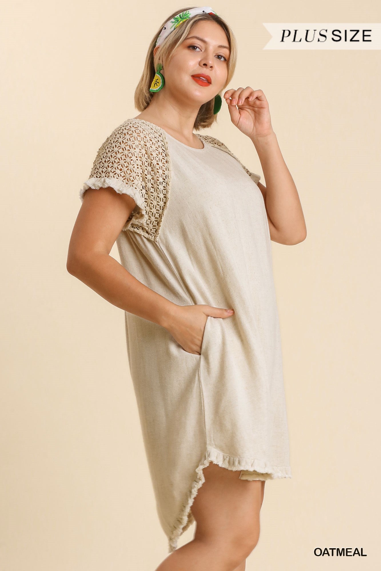 Umgee Plus Linen Blend Round Neck Crochet Fringe Short Sleeves Dress