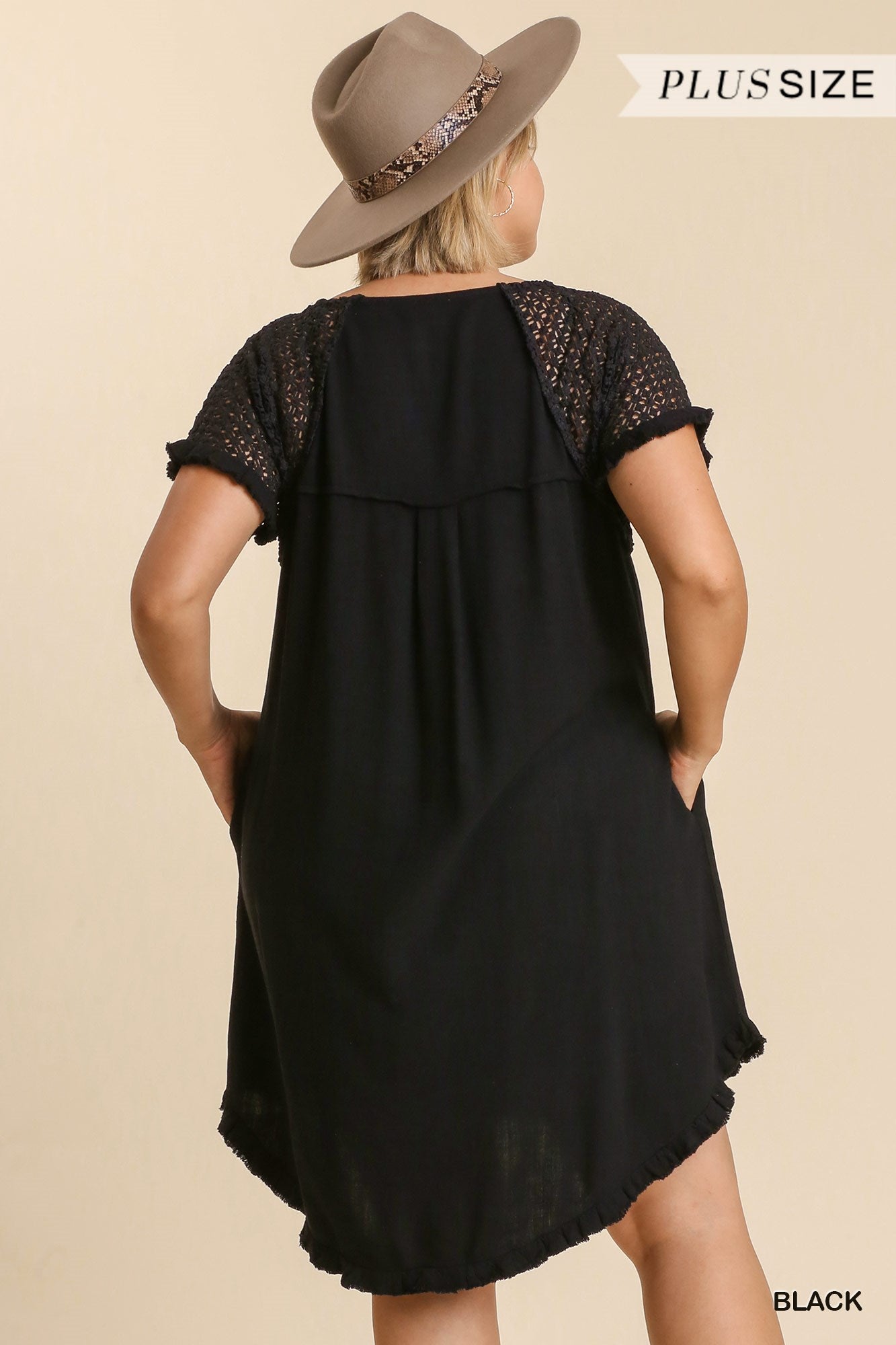 Umgee Plus Linen Blend Round Neck Crochet Fringe Short Sleeves Dress