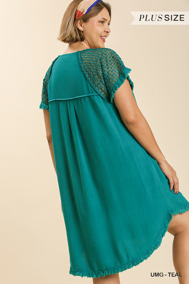 Umgee Plus Linen Blend Round Neck Crochet Fringe Short Sleeves Dress