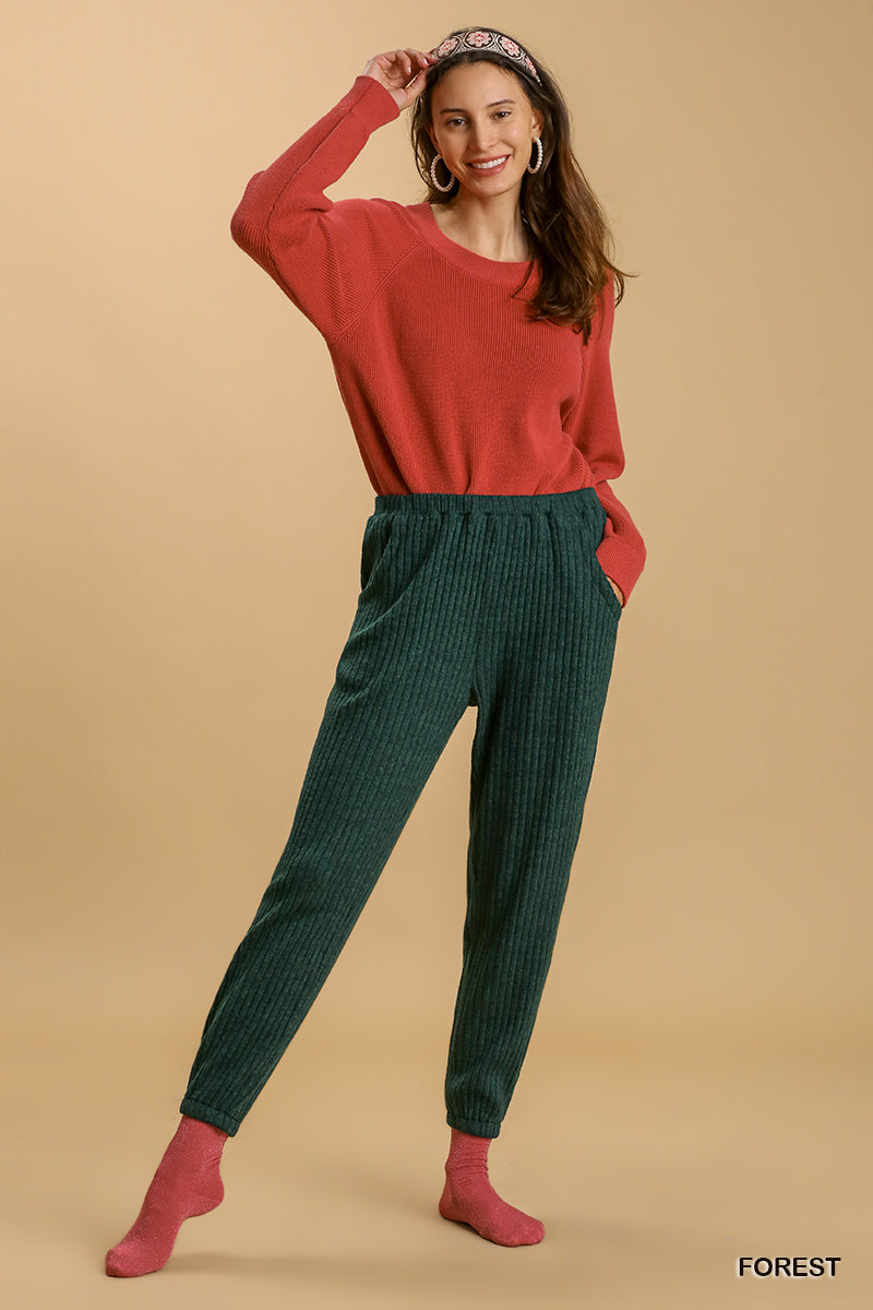 Umgee Ribbed Knit Elastic Waistband Pockets Jogger