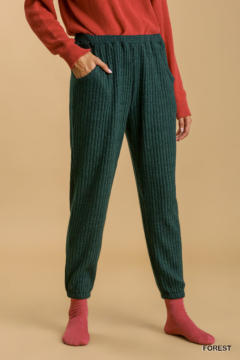 Umgee Ribbed Knit Elastic Waistband Pockets Jogger