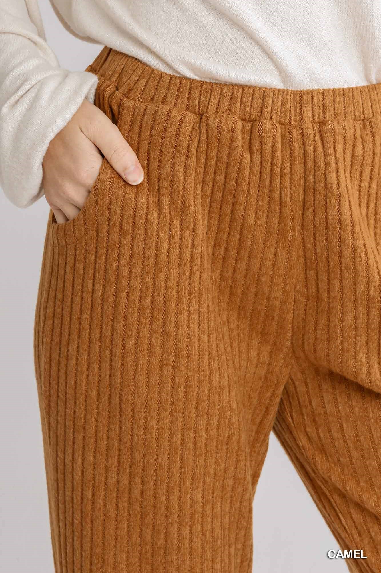 Umgee Ribbed Knit Elastic Waistband Pockets Jogger