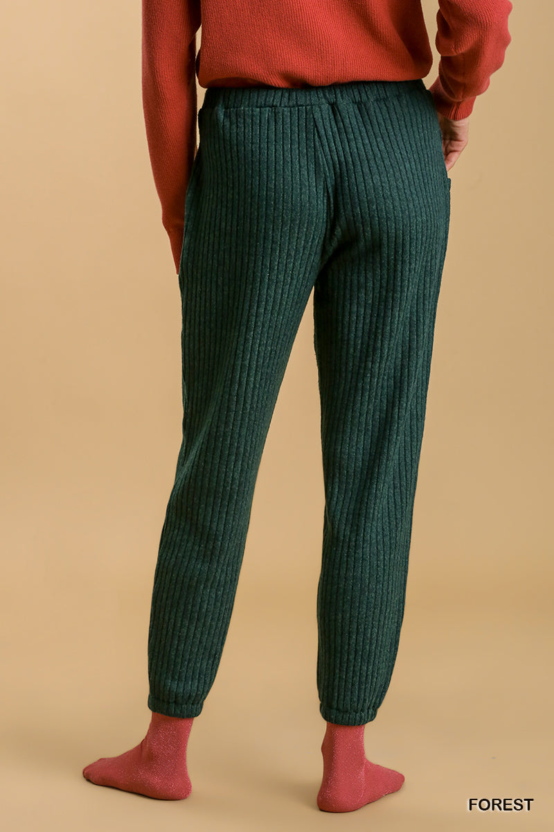 Umgee Ribbed Knit Elastic Waistband Pockets Jogger