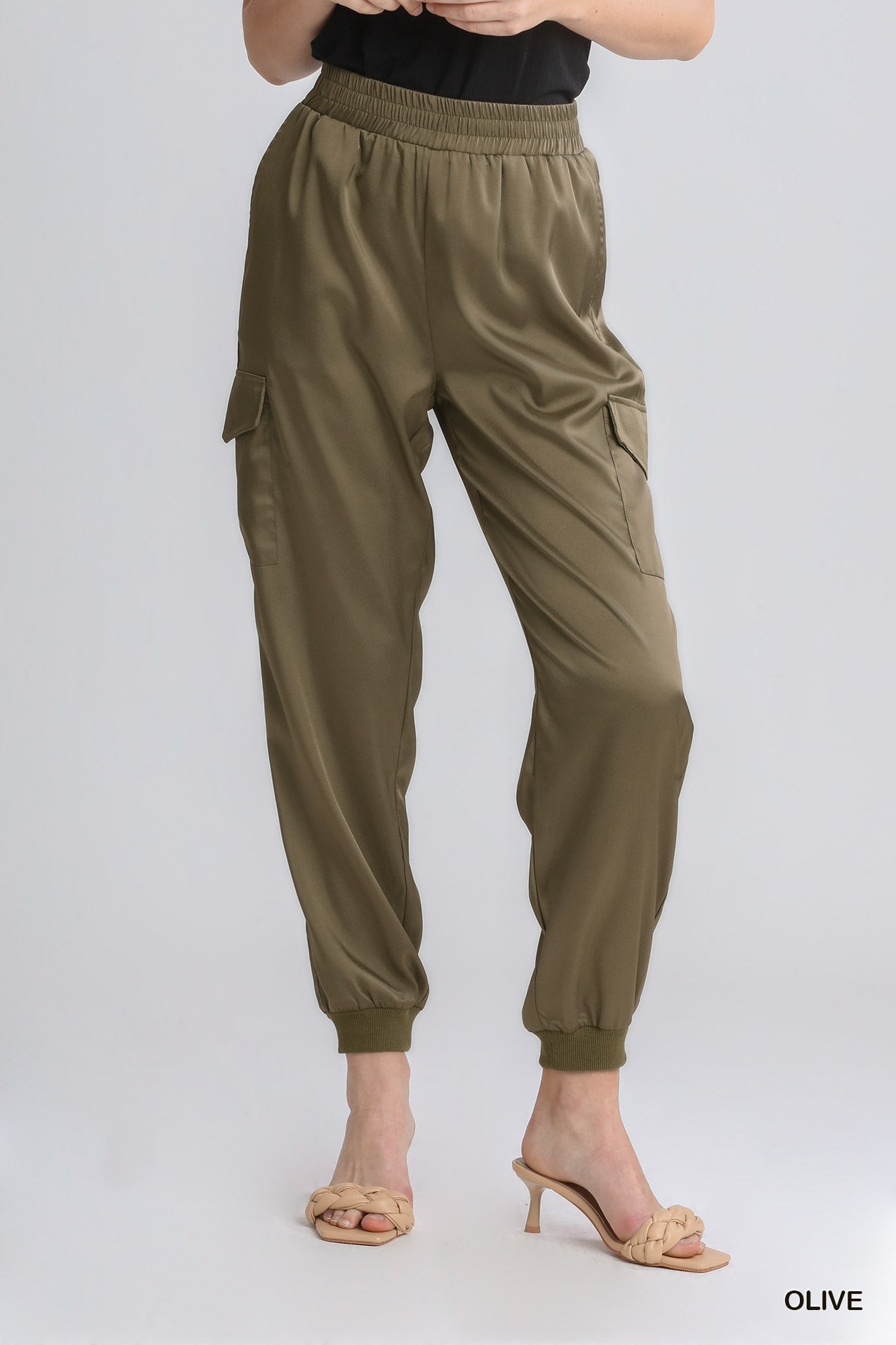 Umgee Elastic Waistband Cargo Side Pocket Jogger Pants