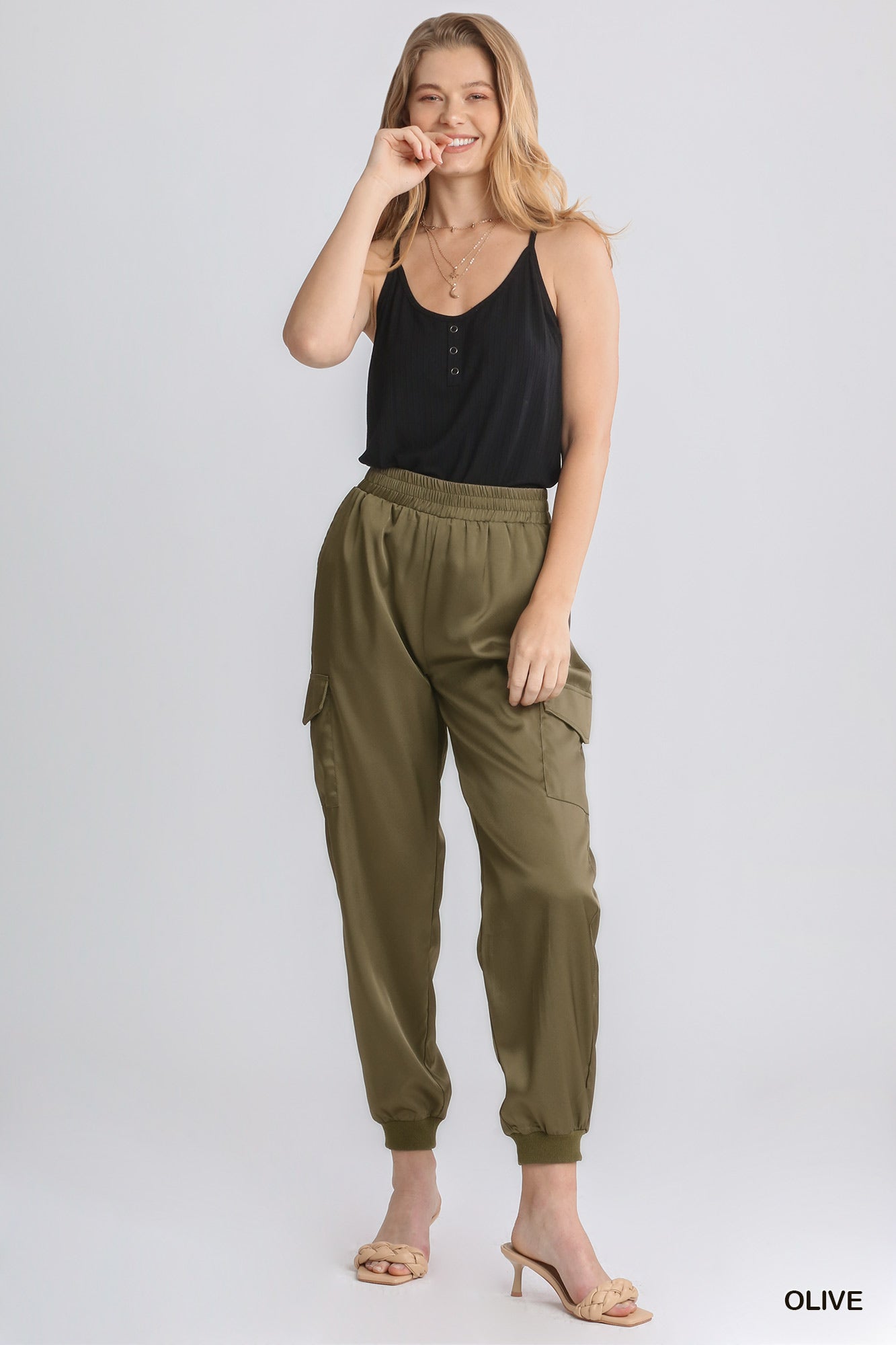Umgee Elastic Waistband Cargo Side Pocket Jogger Pants