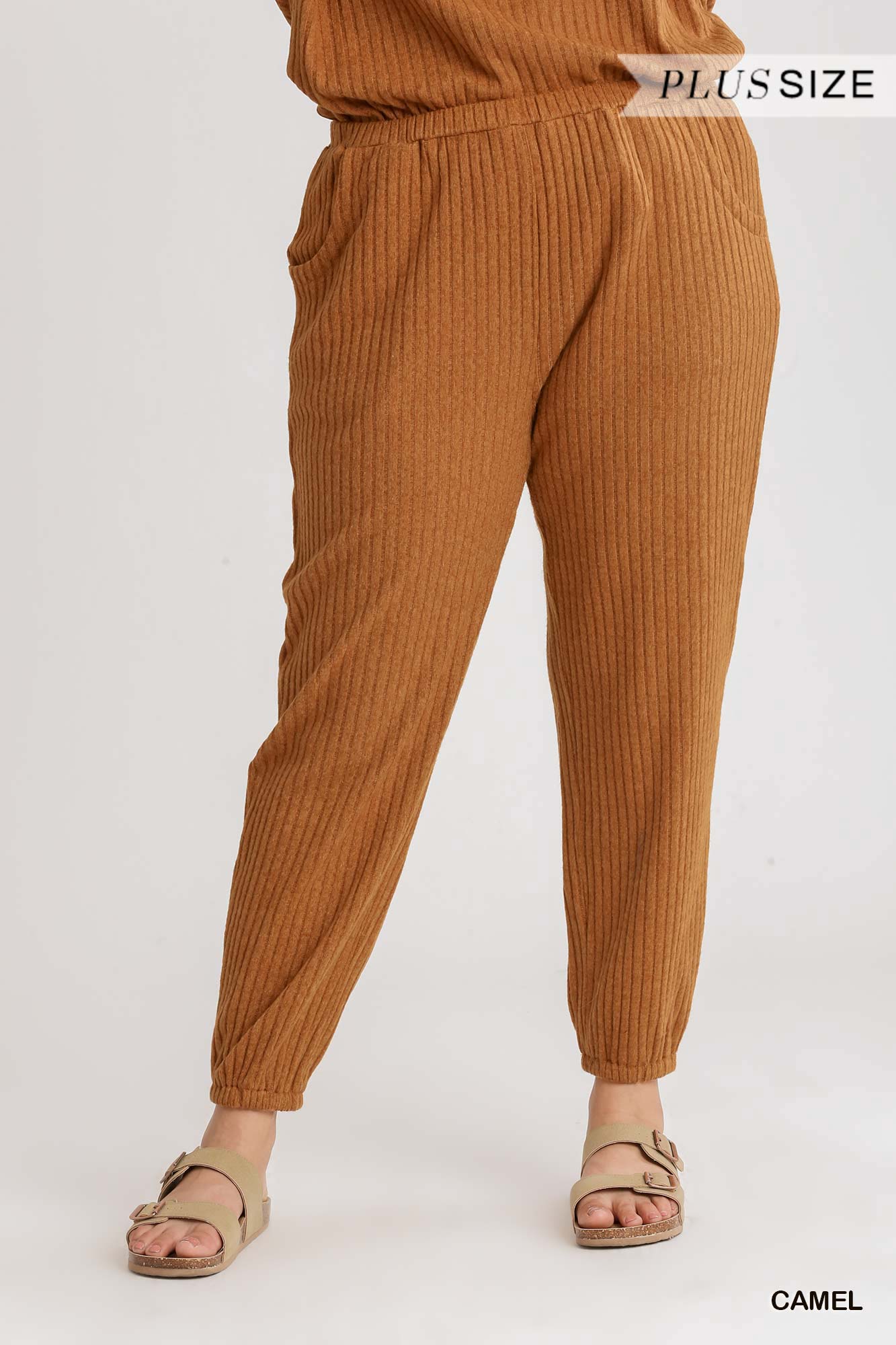 Umgee Plus Elastic Waistband Ribbed Knit Jogger