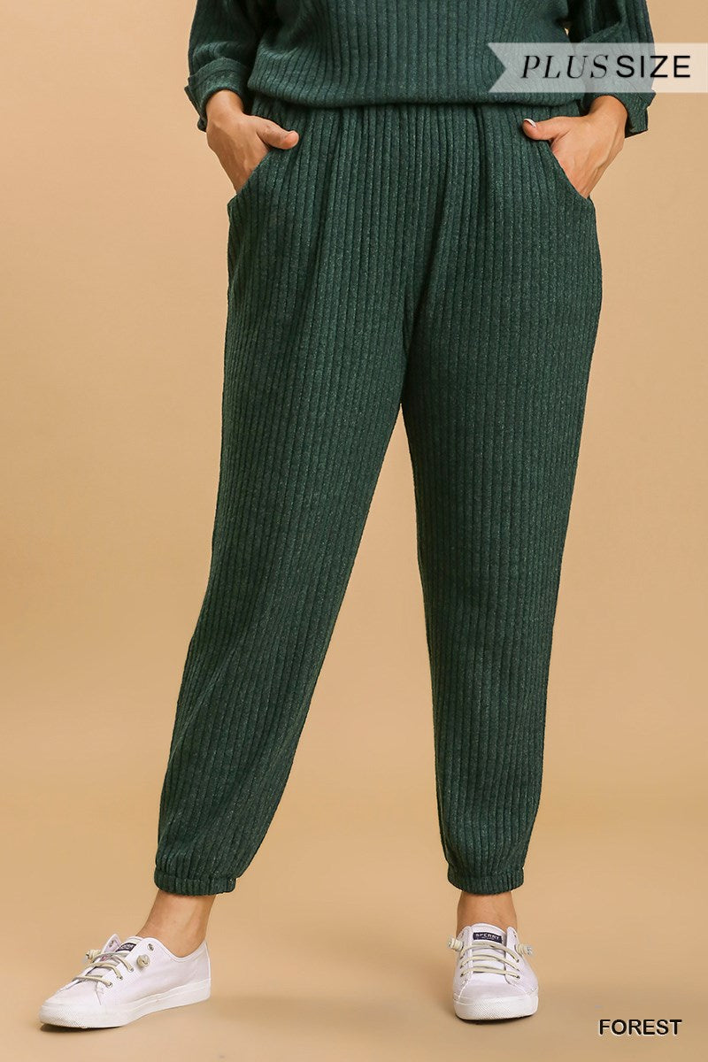 Umgee Plus Elastic Waistband Ribbed Knit Jogger