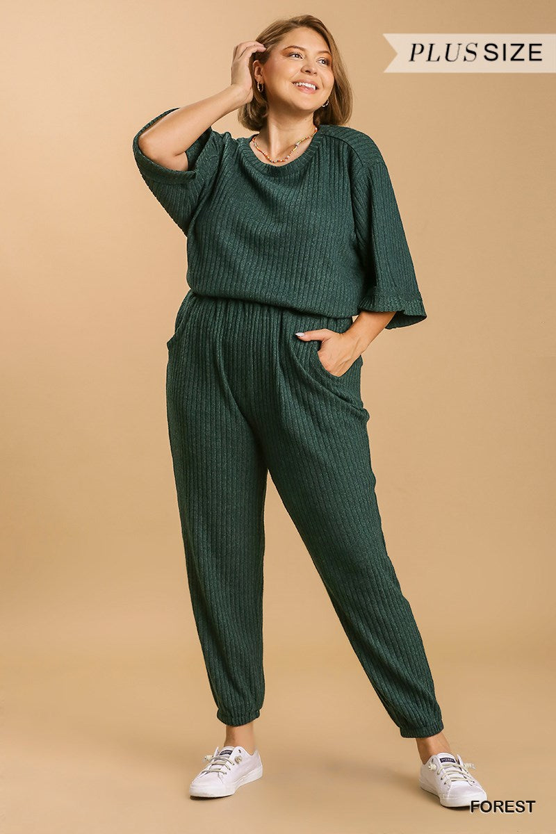 Umgee Plus Elastic Waistband Ribbed Knit Jogger