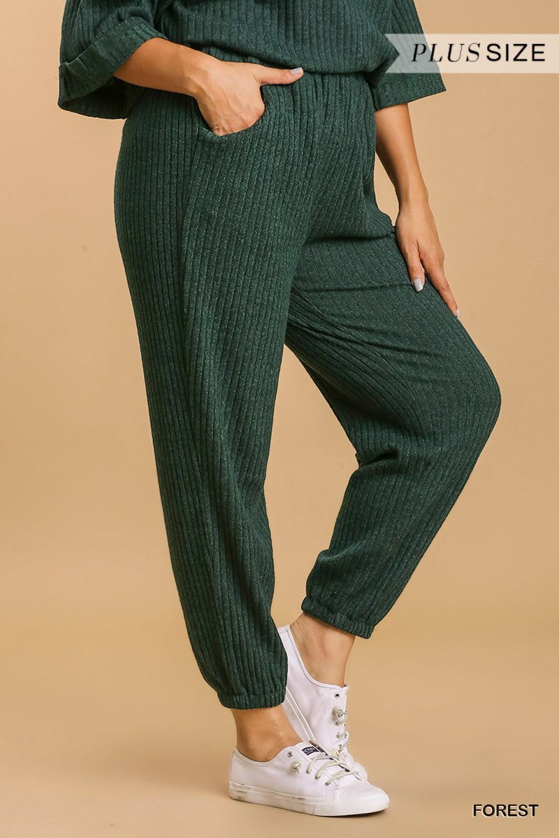 Umgee Plus Elastic Waistband Ribbed Knit Jogger