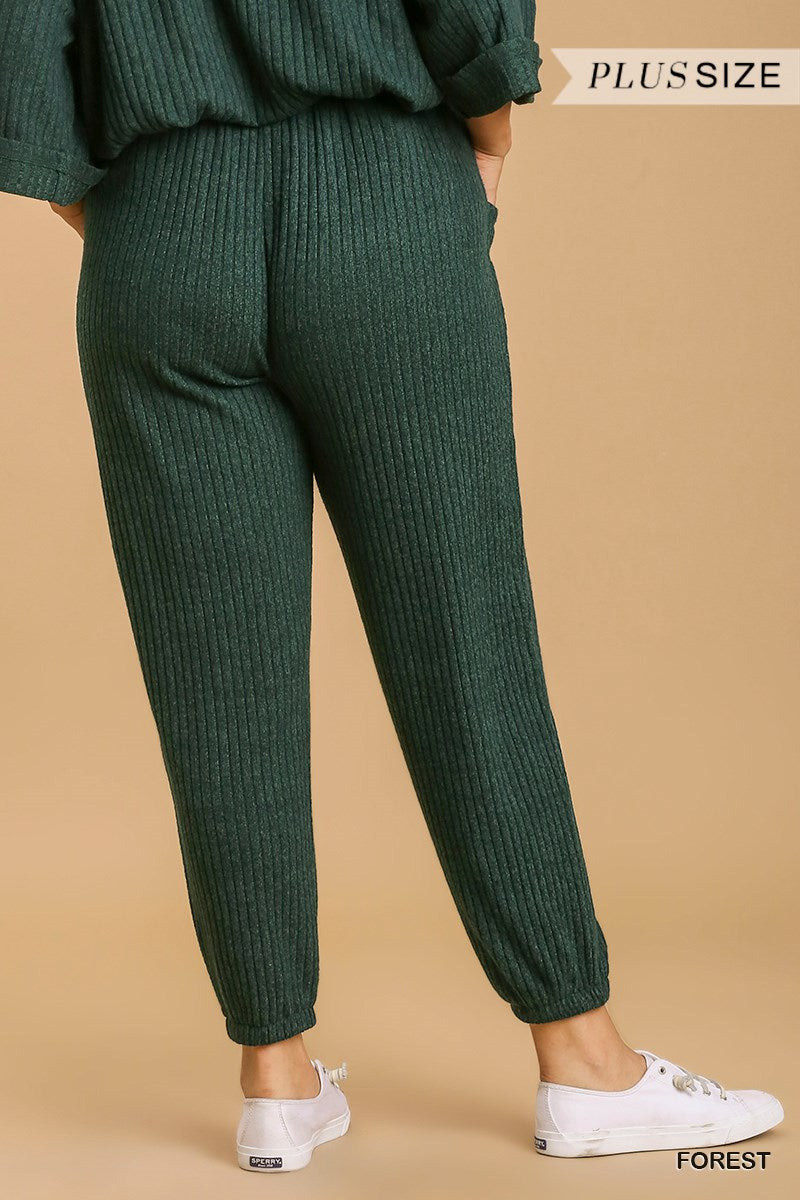 Umgee Plus Elastic Waistband Ribbed Knit Jogger