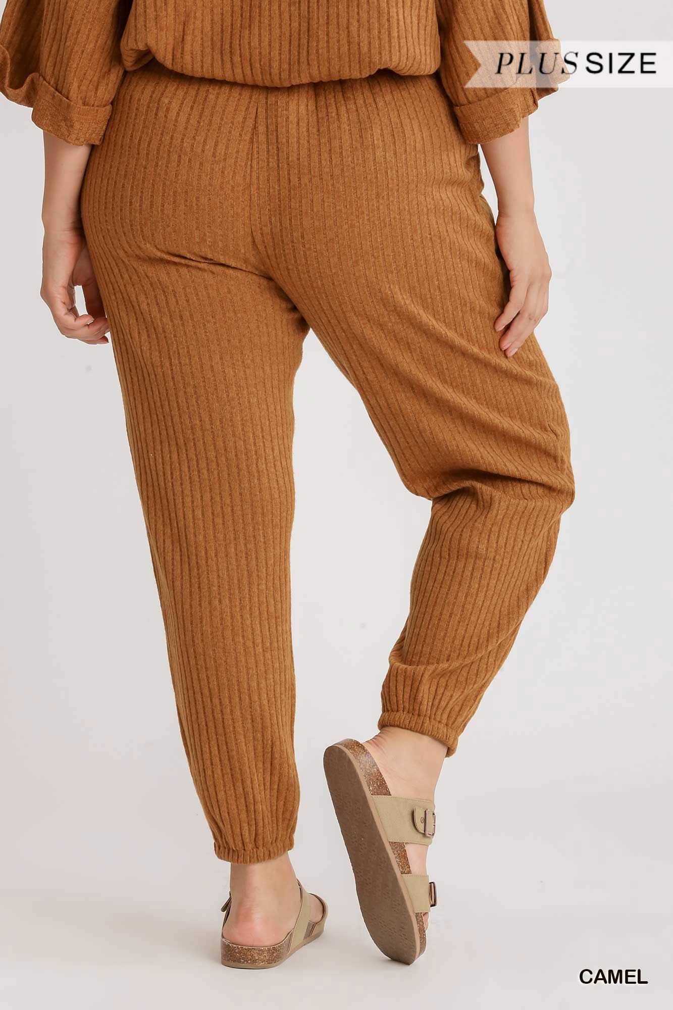 Umgee Plus Elastic Waistband Ribbed Knit Jogger