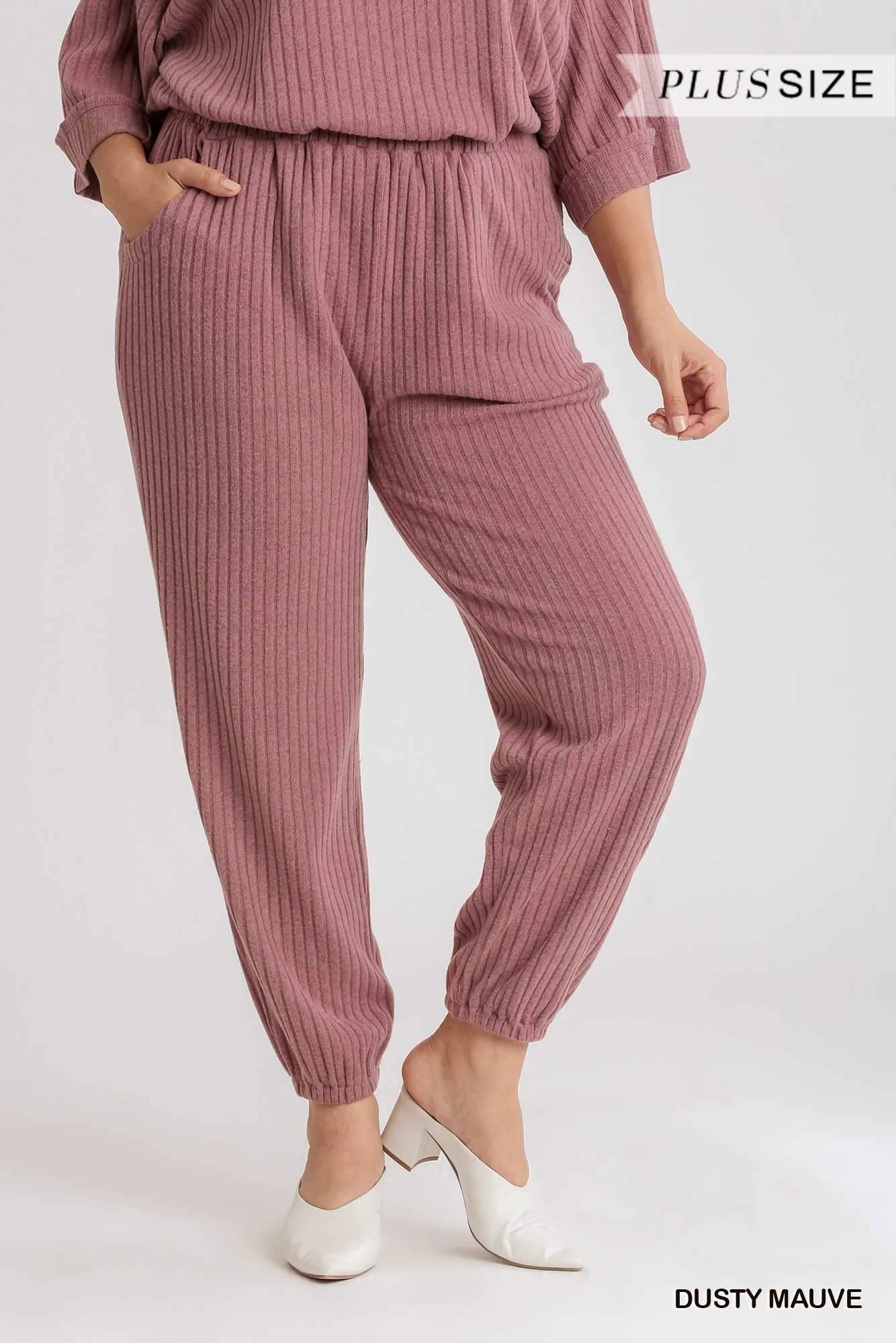 Umgee Plus Elastic Waistband Ribbed Knit Jogger