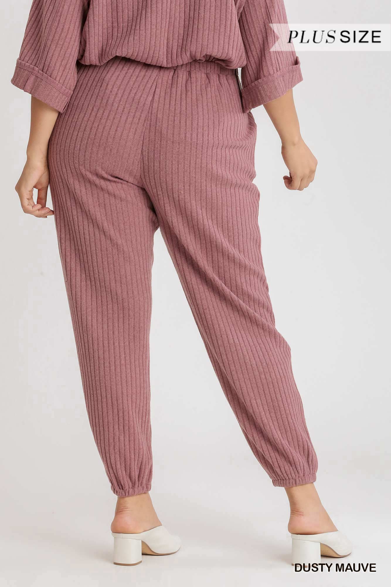 Umgee Plus Elastic Waistband Ribbed Knit Jogger