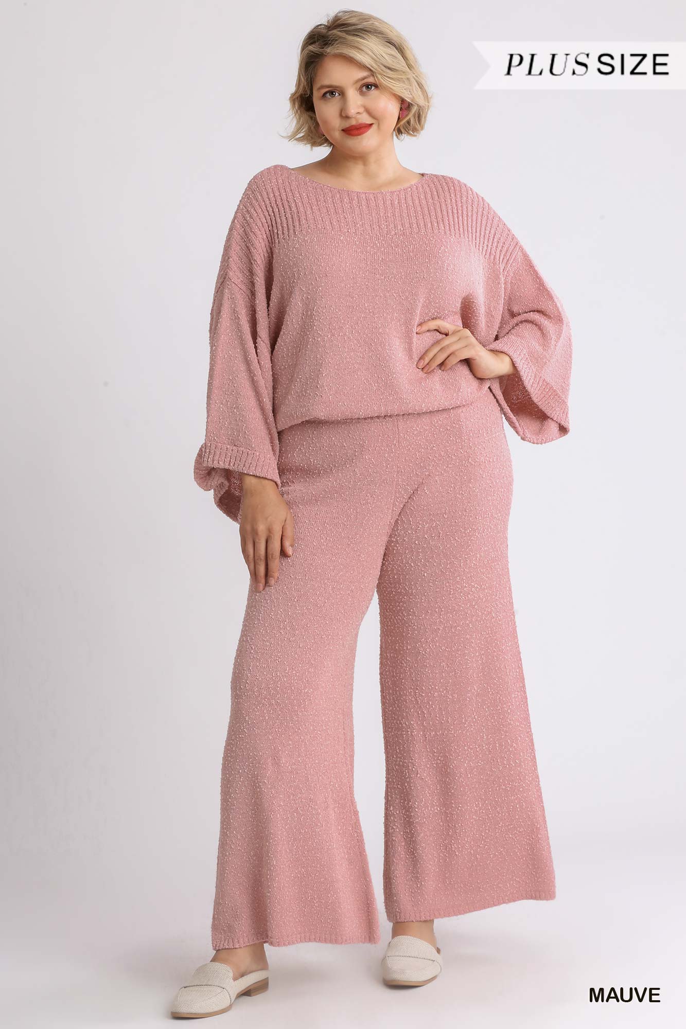 Umgee Plus Elastic Waistband Wide Leg Sweater Pants