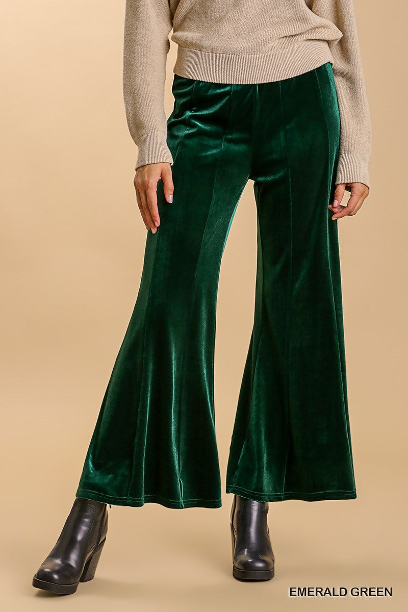 Umgee Elastic High Waist Knit Velvet Stretch Wide Flare Leg Pant