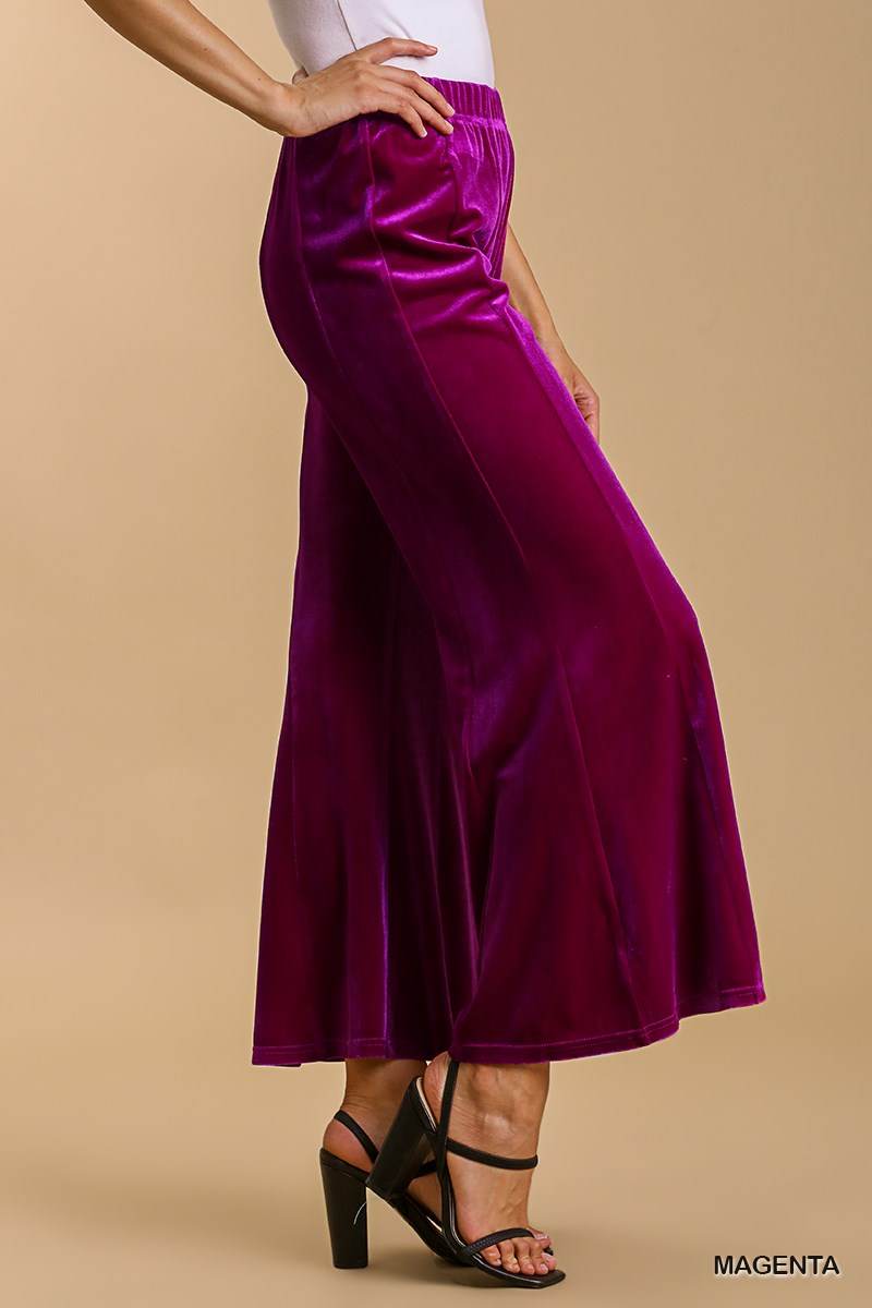 Umgee Elastic High Waist Knit Velvet Stretch Wide Flare Leg Pant