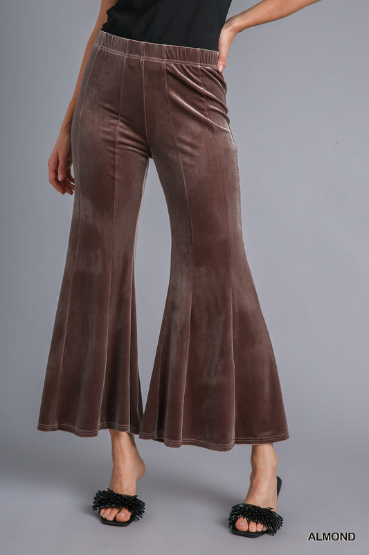 Umgee Elastic High Waist Knit Velvet Stretch Wide Flare Leg Pant