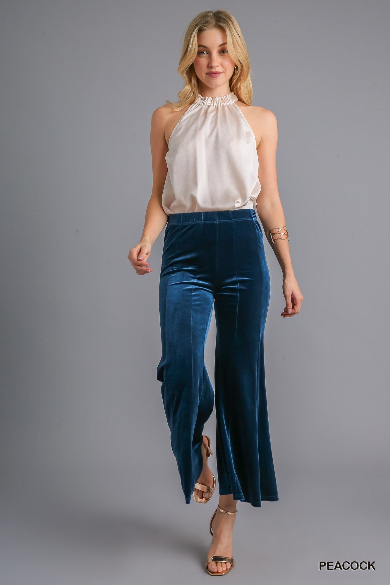 Umgee Elastic High Waist Knit Velvet Stretch Wide Flare Leg Pant