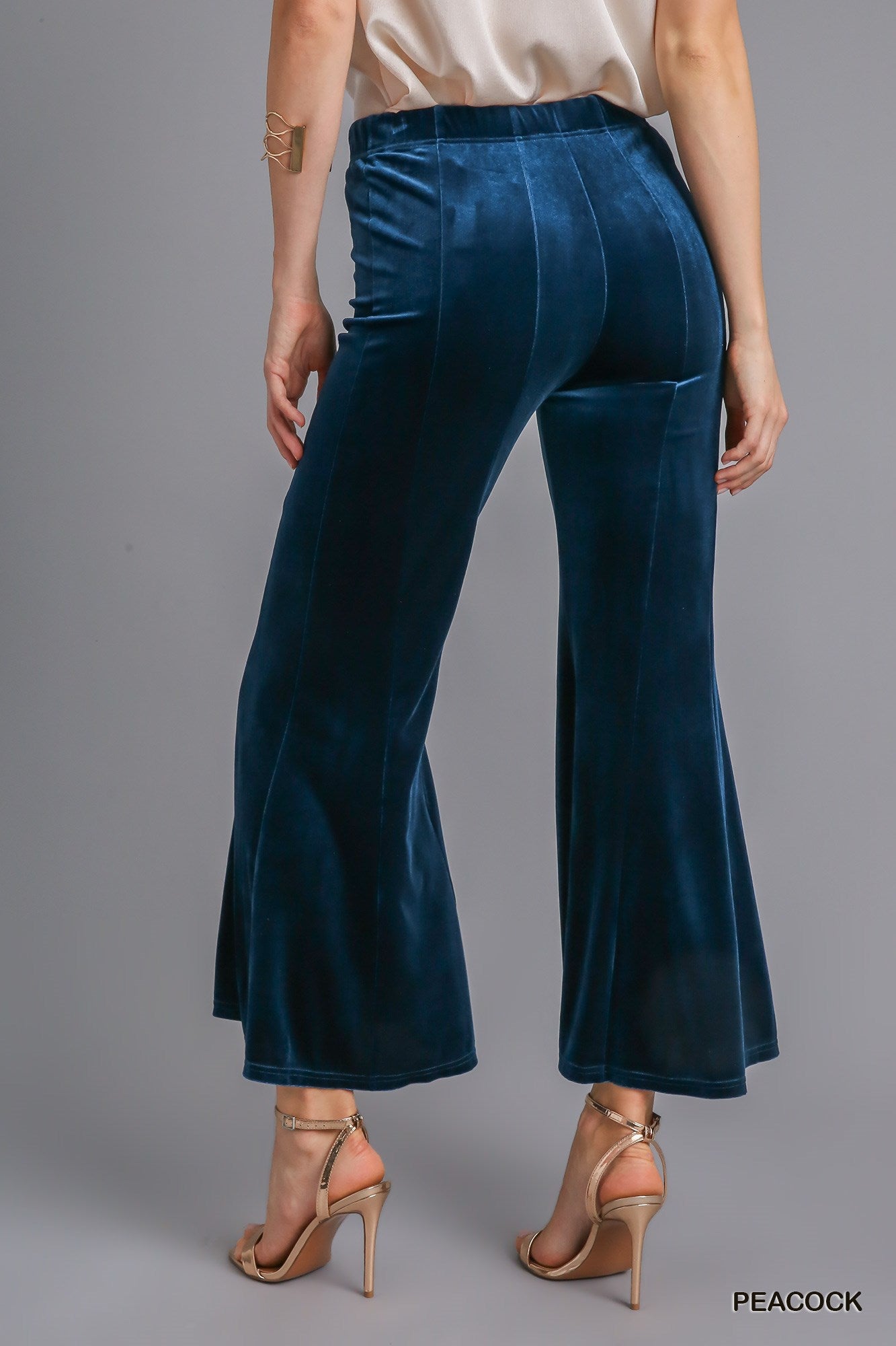 Umgee Elastic High Waist Knit Velvet Stretch Wide Flare Leg Pant