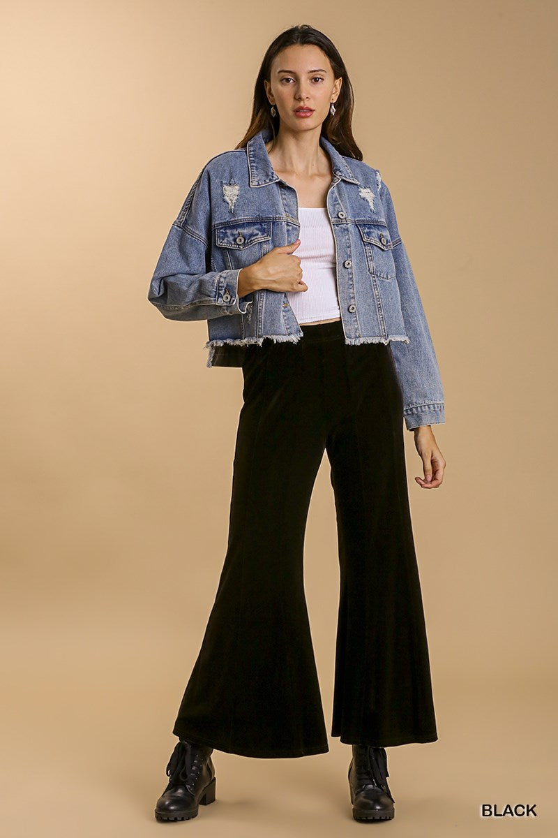 Umgee Elastic High Waist Knit Velvet Stretch Wide Flare Leg Pant