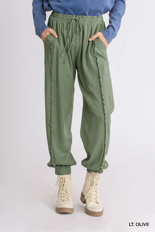 Umgee Linen Blend Frayed Edged Elastic Waistband Drawstring Jogger Pants