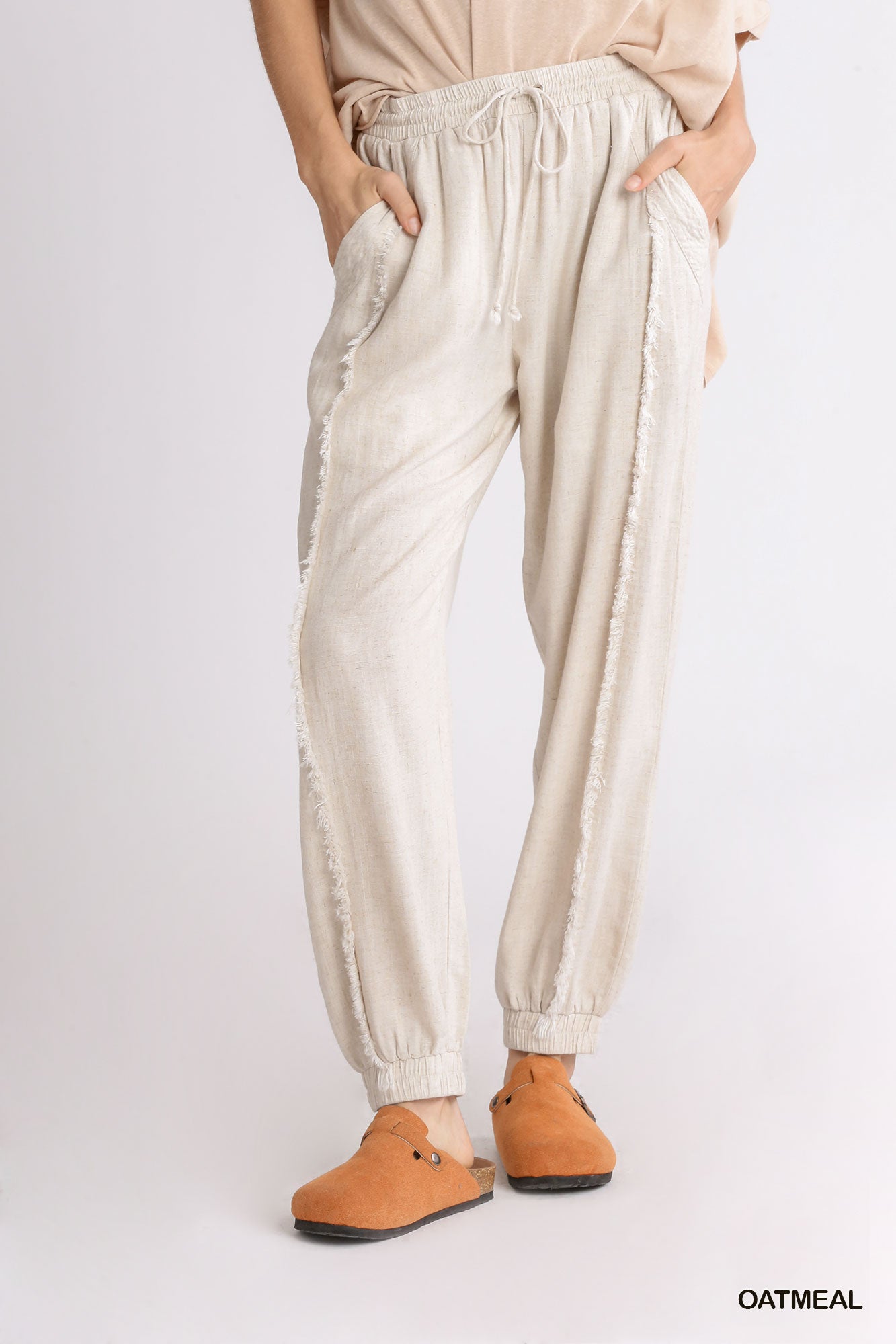 Umgee Linen Blend Frayed Edged Elastic Waistband Drawstring Jogger Pants