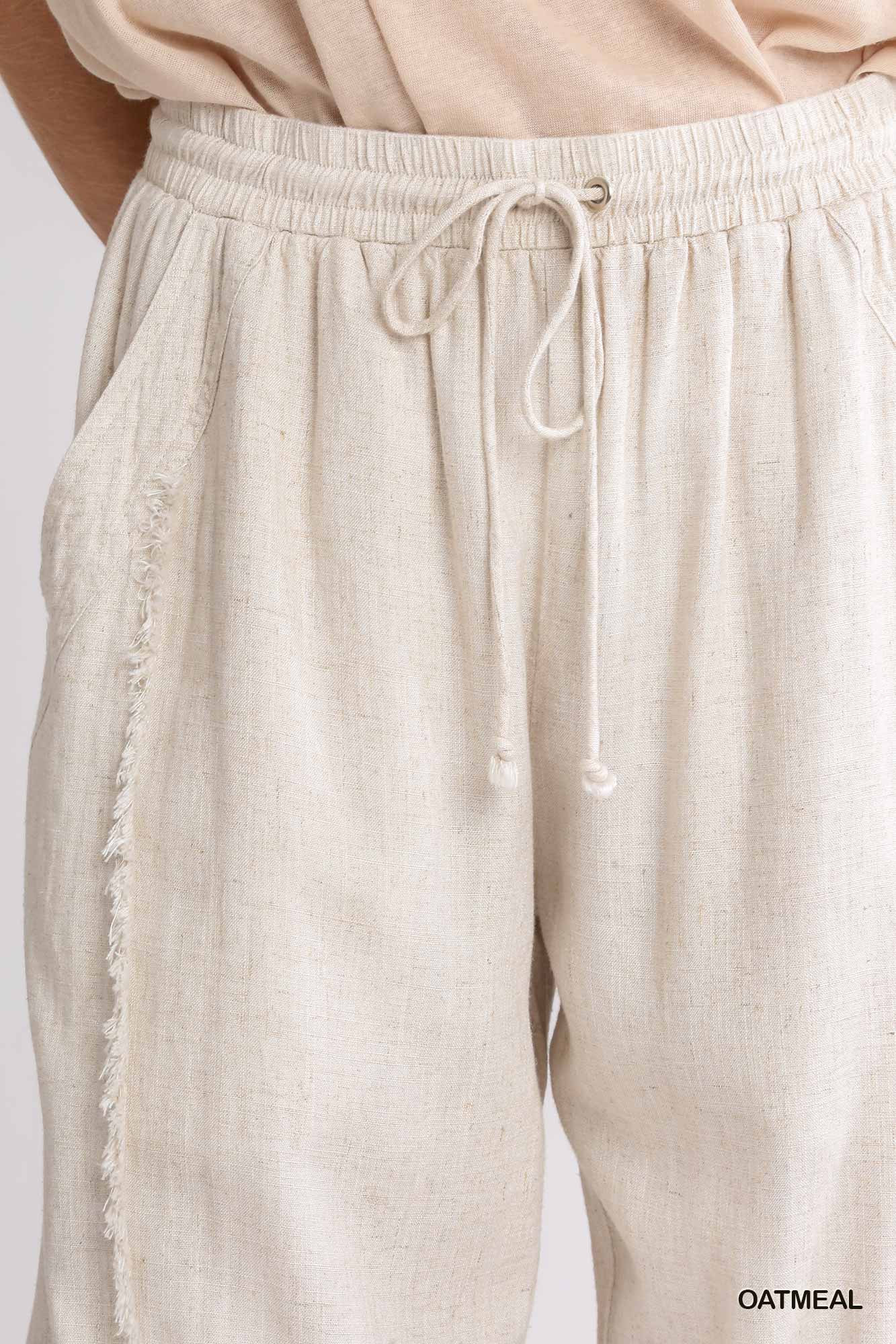 Umgee Linen Blend Frayed Edged Elastic Waistband Drawstring Jogger Pants