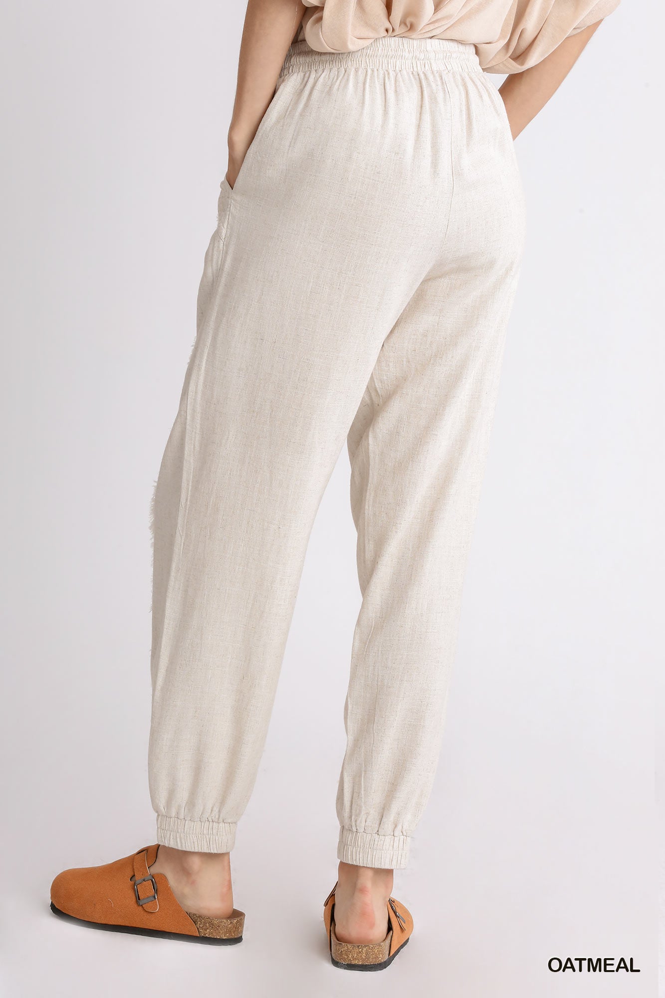 Umgee Linen Blend Frayed Edged Elastic Waistband Drawstring Jogger Pants