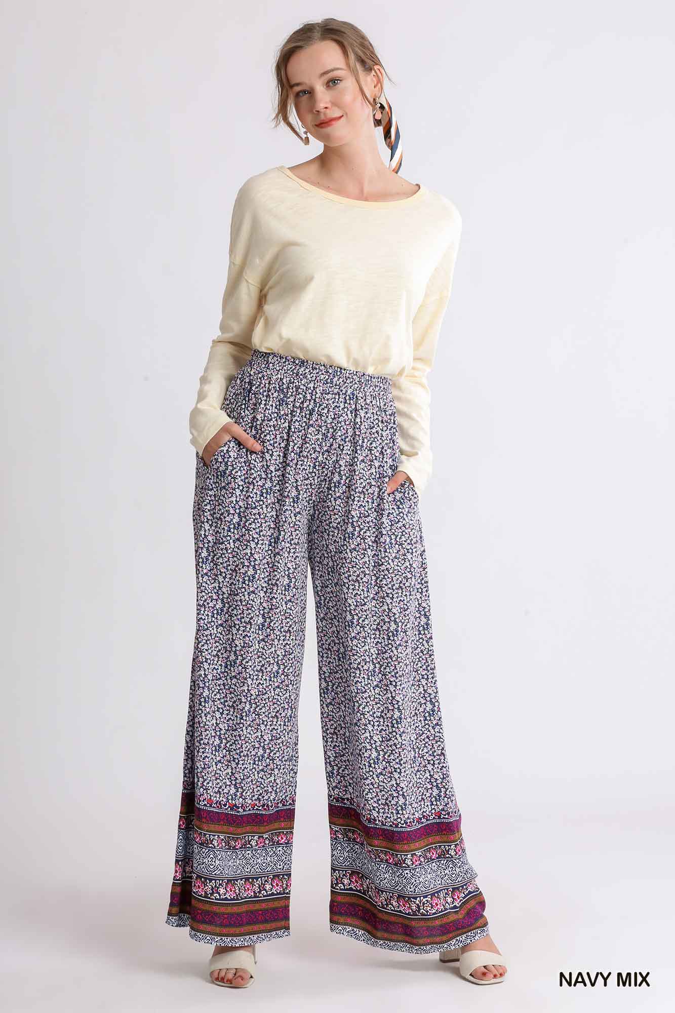Umgee Mixed Pleated Border Print Elastic Waistband Wide Leg Pants