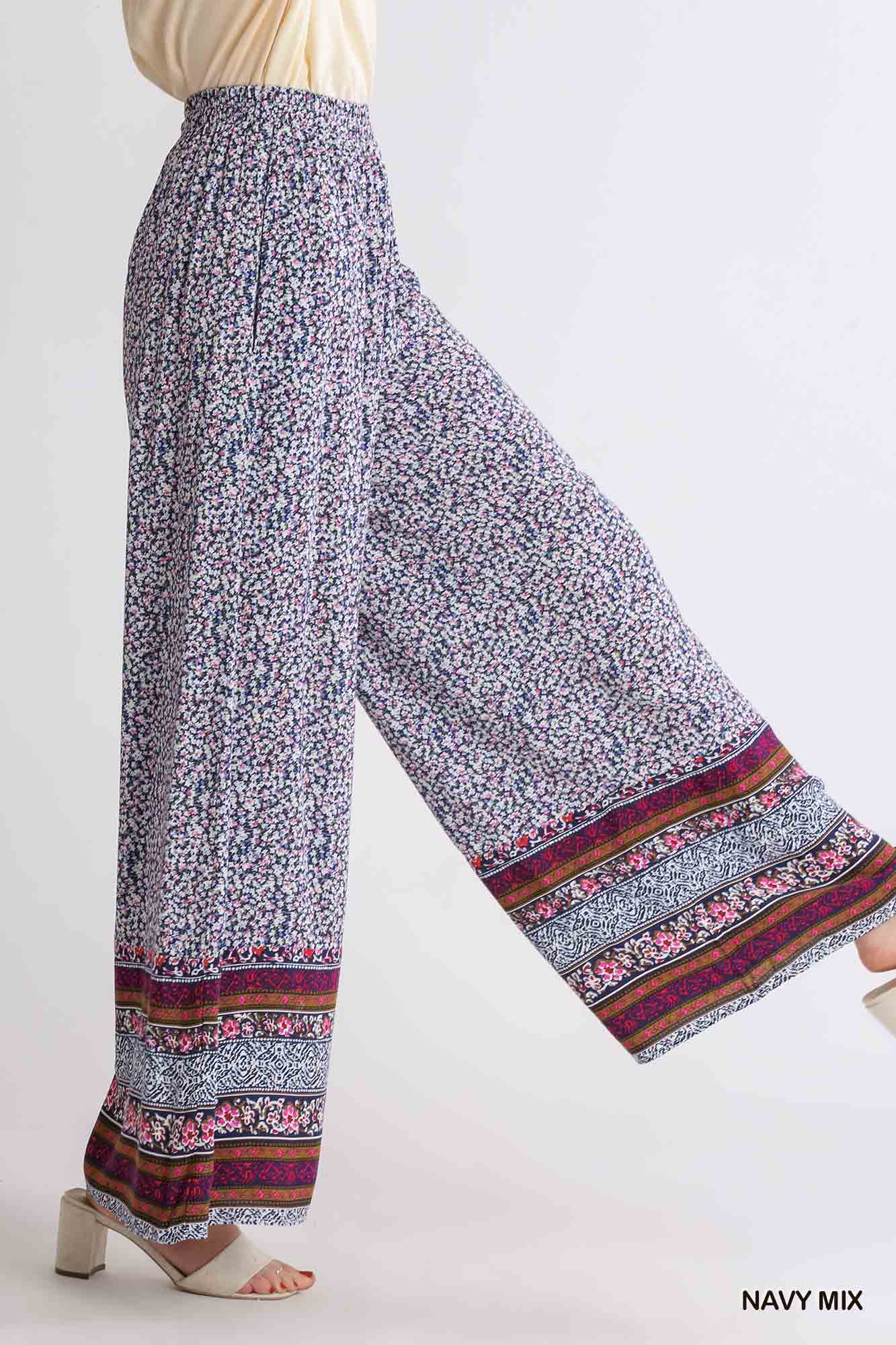 Umgee Mixed Pleated Border Print Elastic Waistband Wide Leg Pants