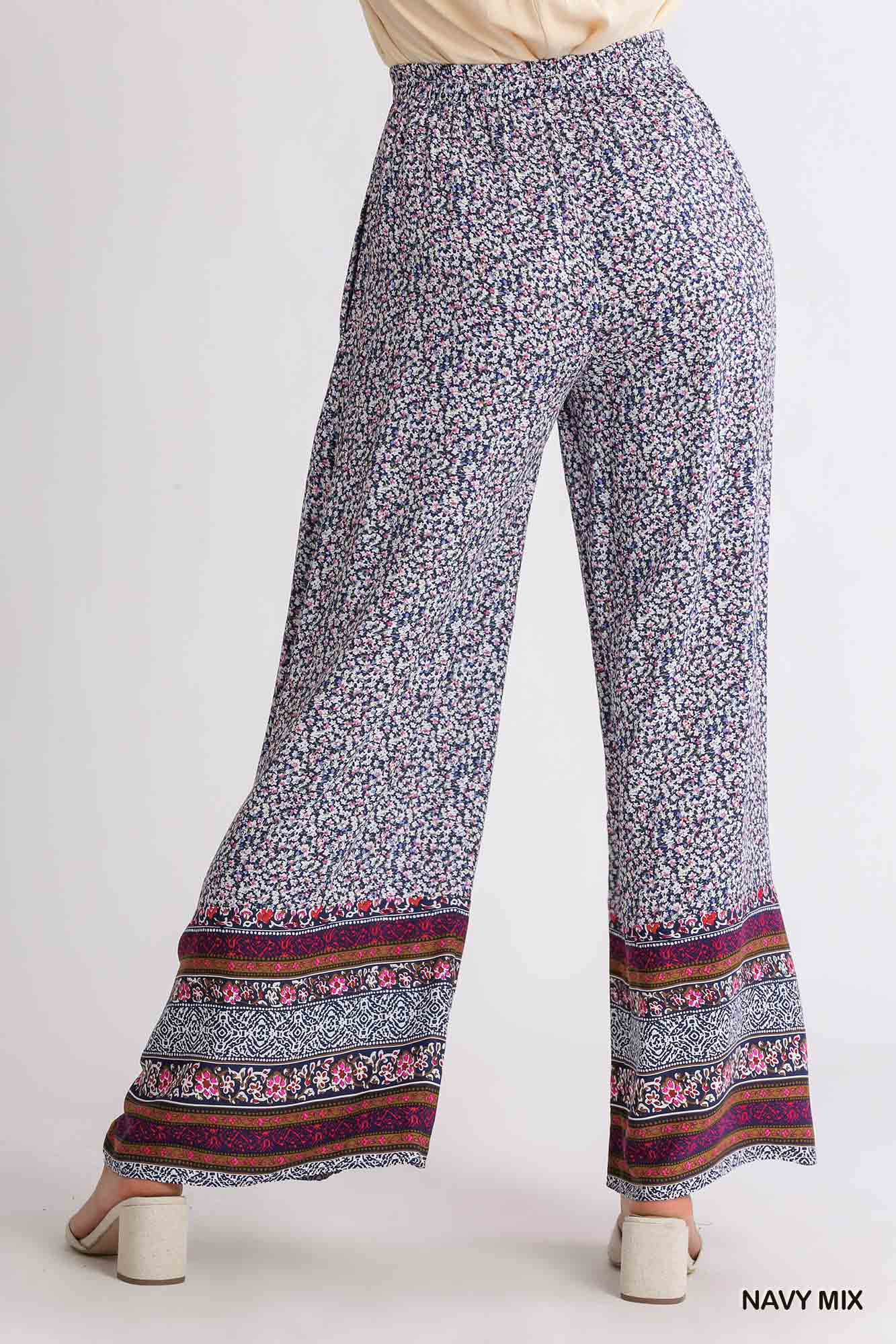 Umgee Mixed Pleated Border Print Elastic Waistband Wide Leg Pants