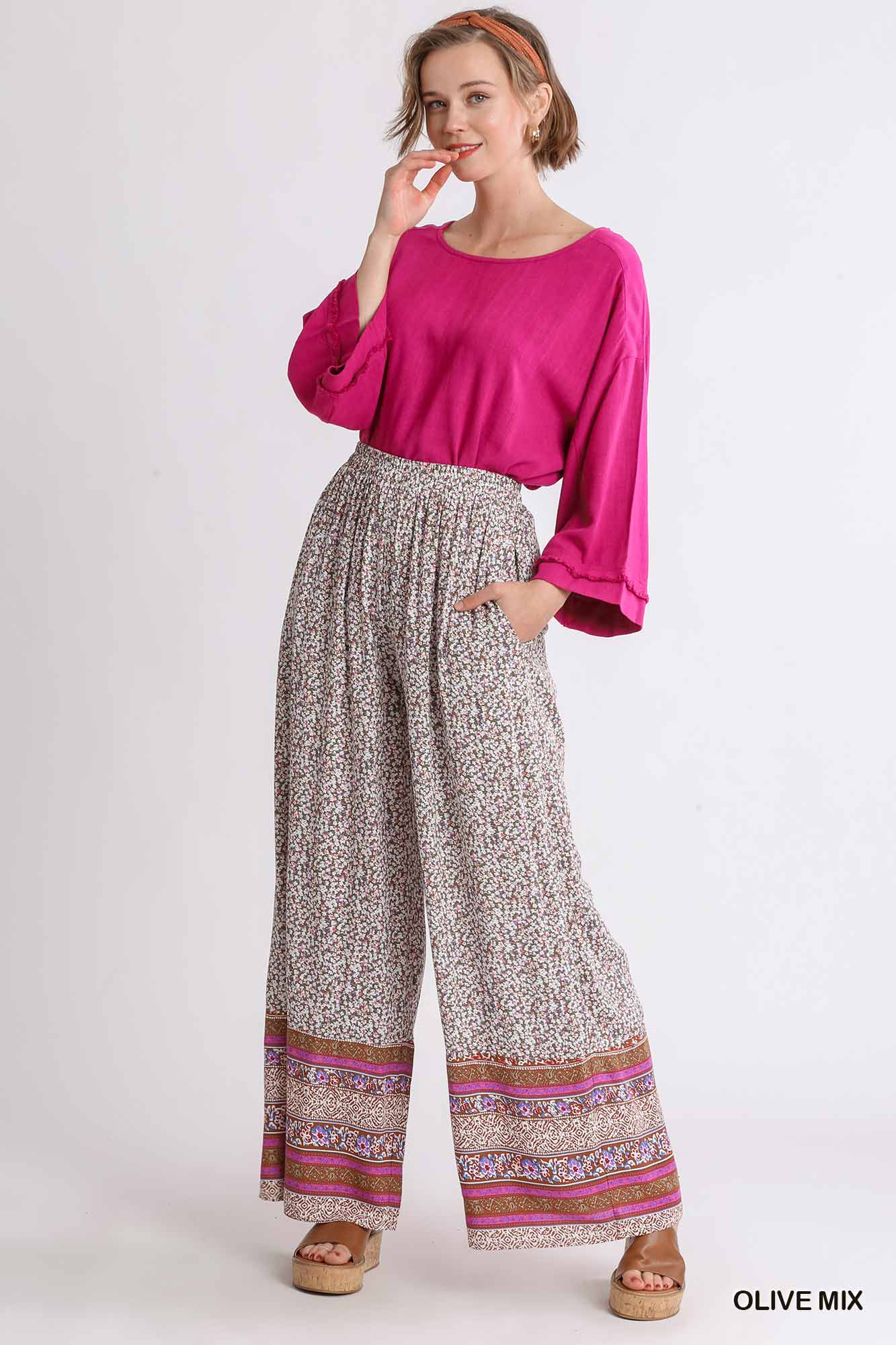 Umgee Mixed Pleated Border Print Elastic Waistband Wide Leg Pants