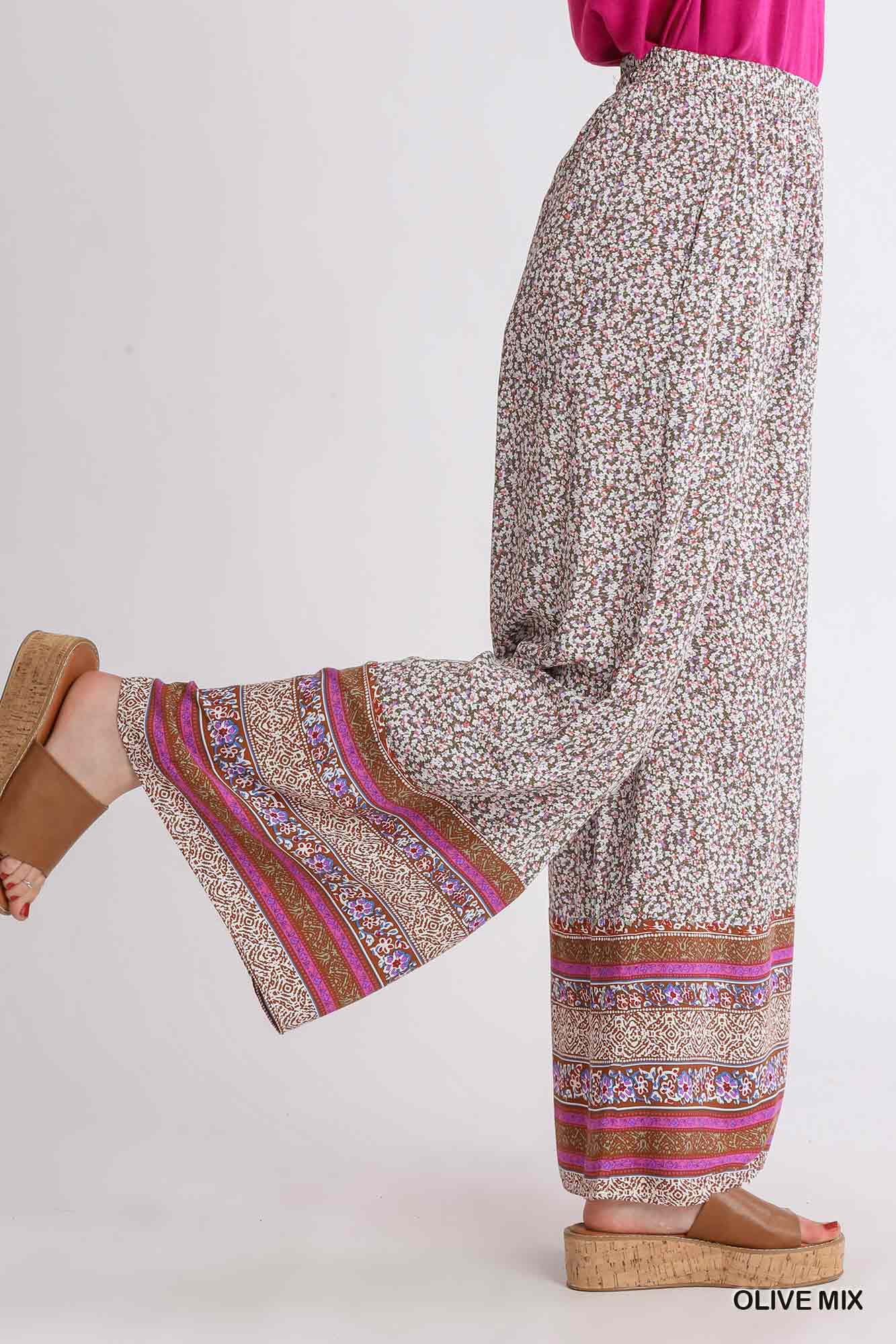 Umgee Mixed Pleated Border Print Elastic Waistband Wide Leg Pants