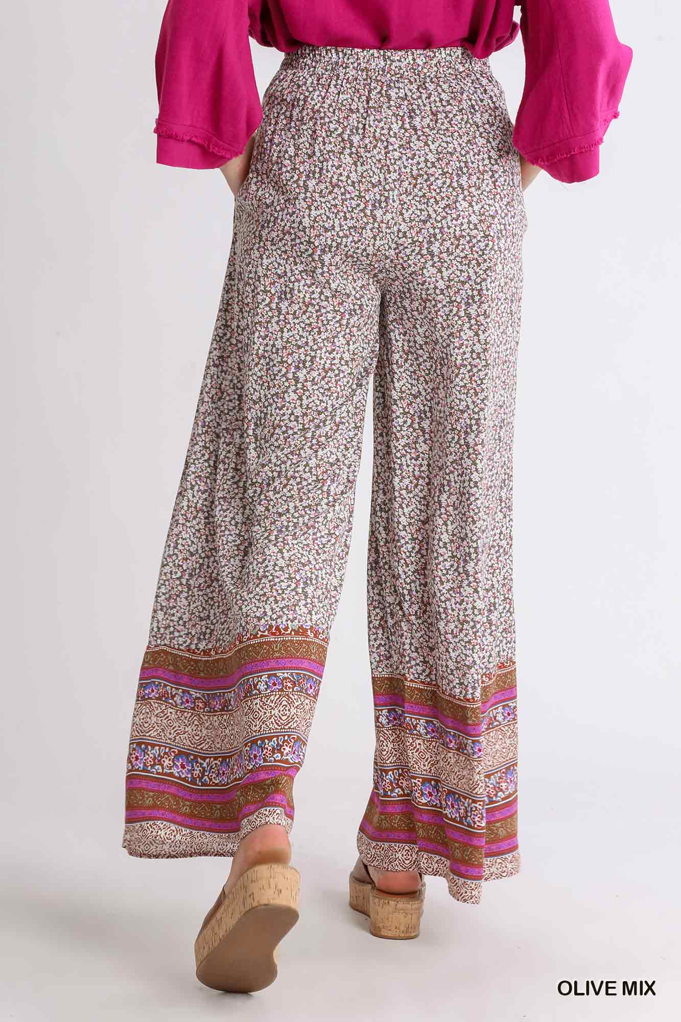 Umgee Mixed Pleated Border Print Elastic Waistband Wide Leg Pants