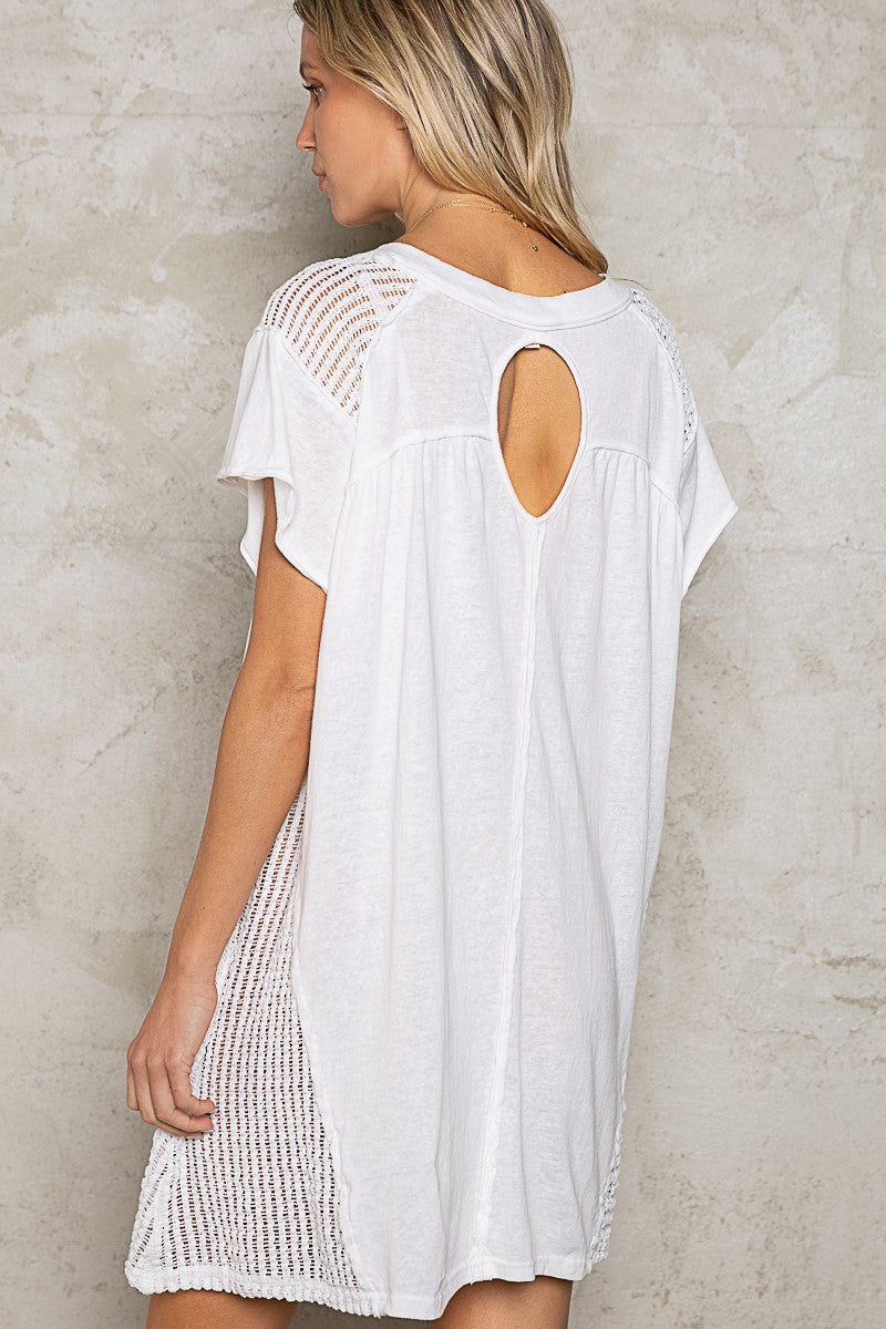 POL Short Sleeve Round Neck Long Shirt Back Eyelet Knit Dress Top