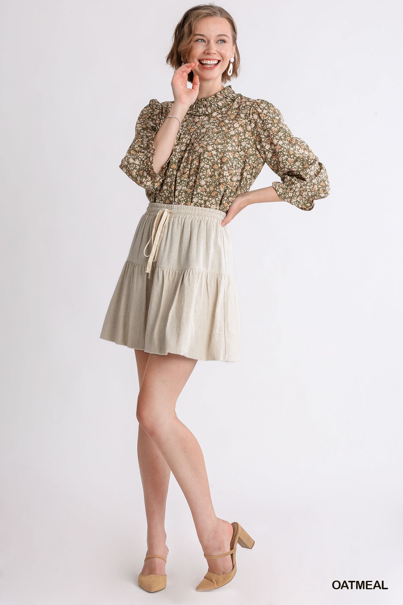 Umgee Linen Blend Elastic Waist Ruffle Bubble Tie Front Skirt