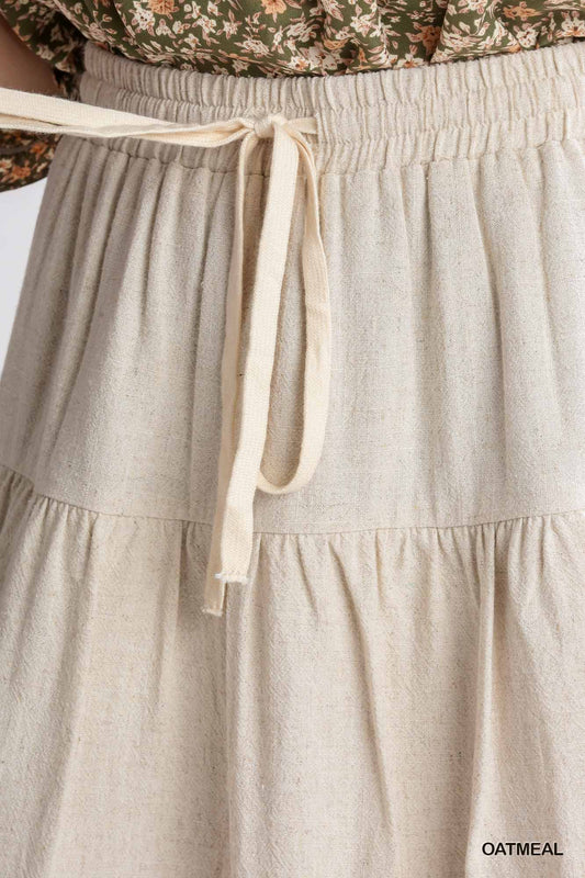 Umgee Linen Blend Elastic Waist Ruffle Bubble Tie Front Skirt