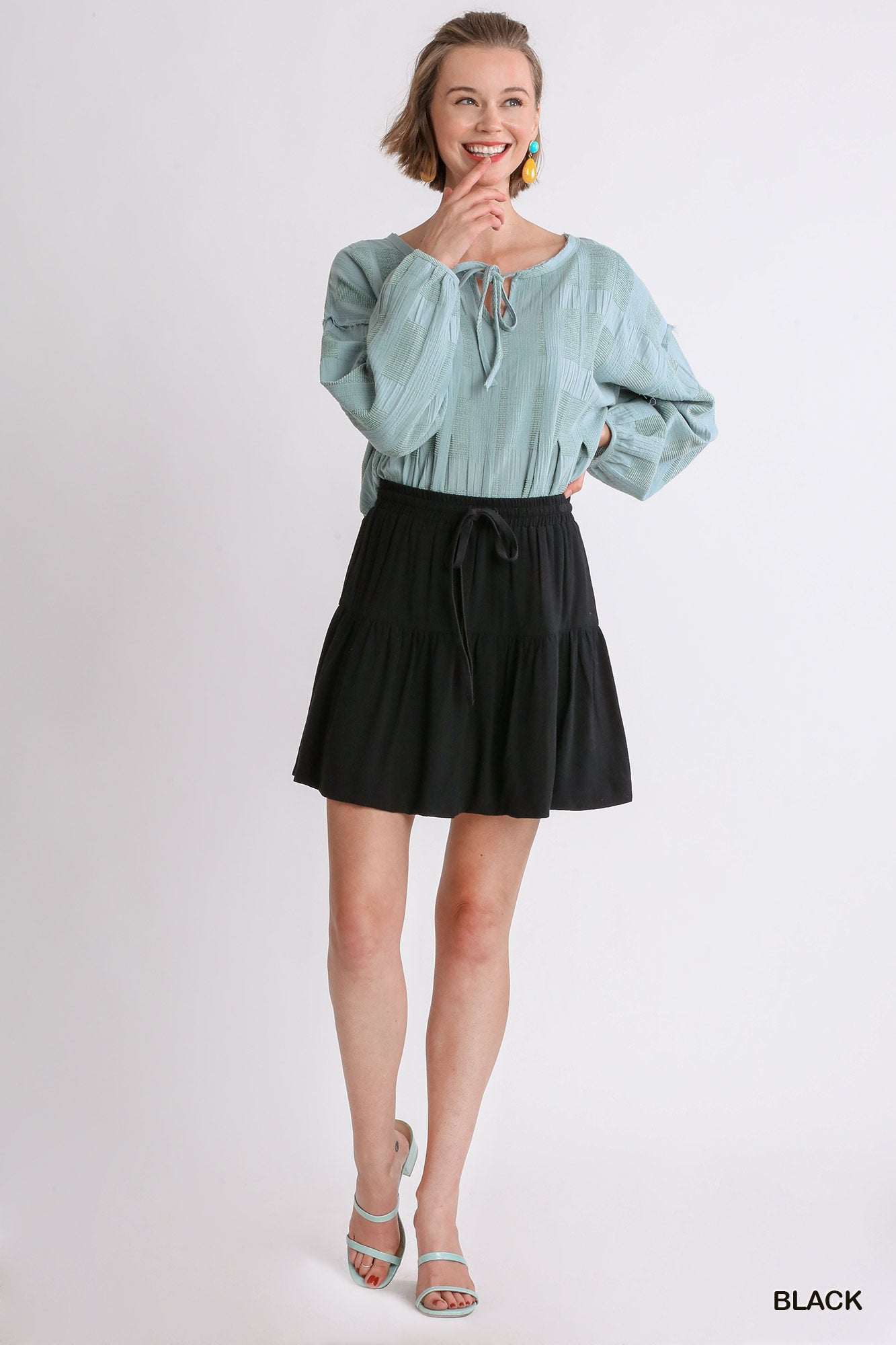 Umgee Linen Blend Elastic Waist Ruffle Bubble Tie Front Skirt