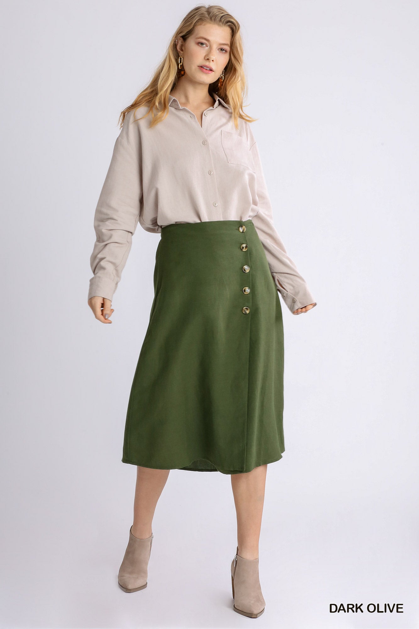 Umgee Linen Blend Midi Wrap Buttons Skirt