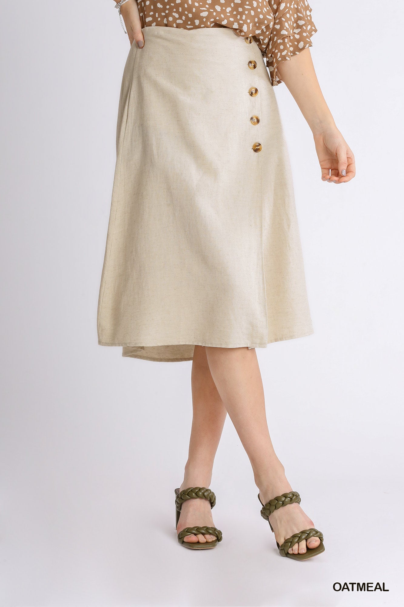Umgee Linen Blend Midi Wrap Buttons Skirt