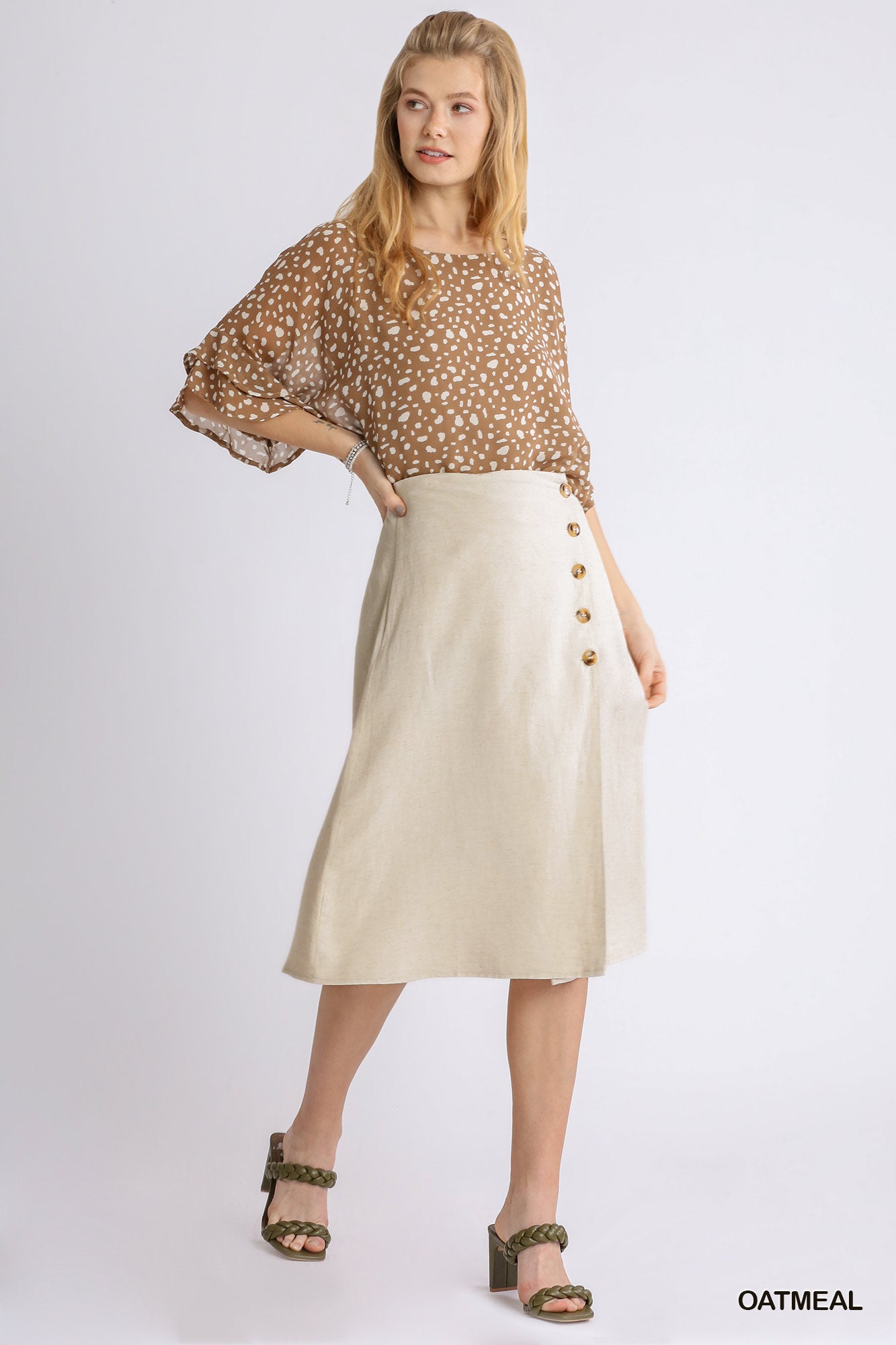 Umgee Linen Blend Midi Wrap Buttons Skirt