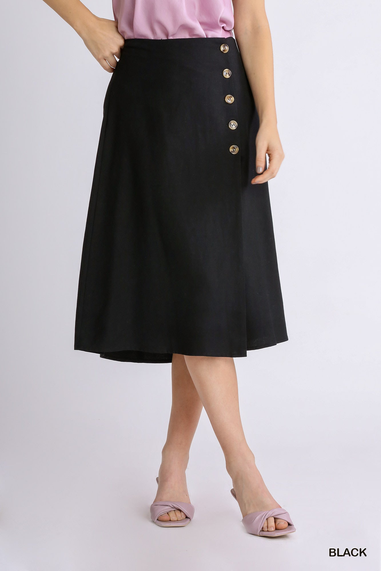 Umgee Linen Blend Midi Wrap Buttons Skirt