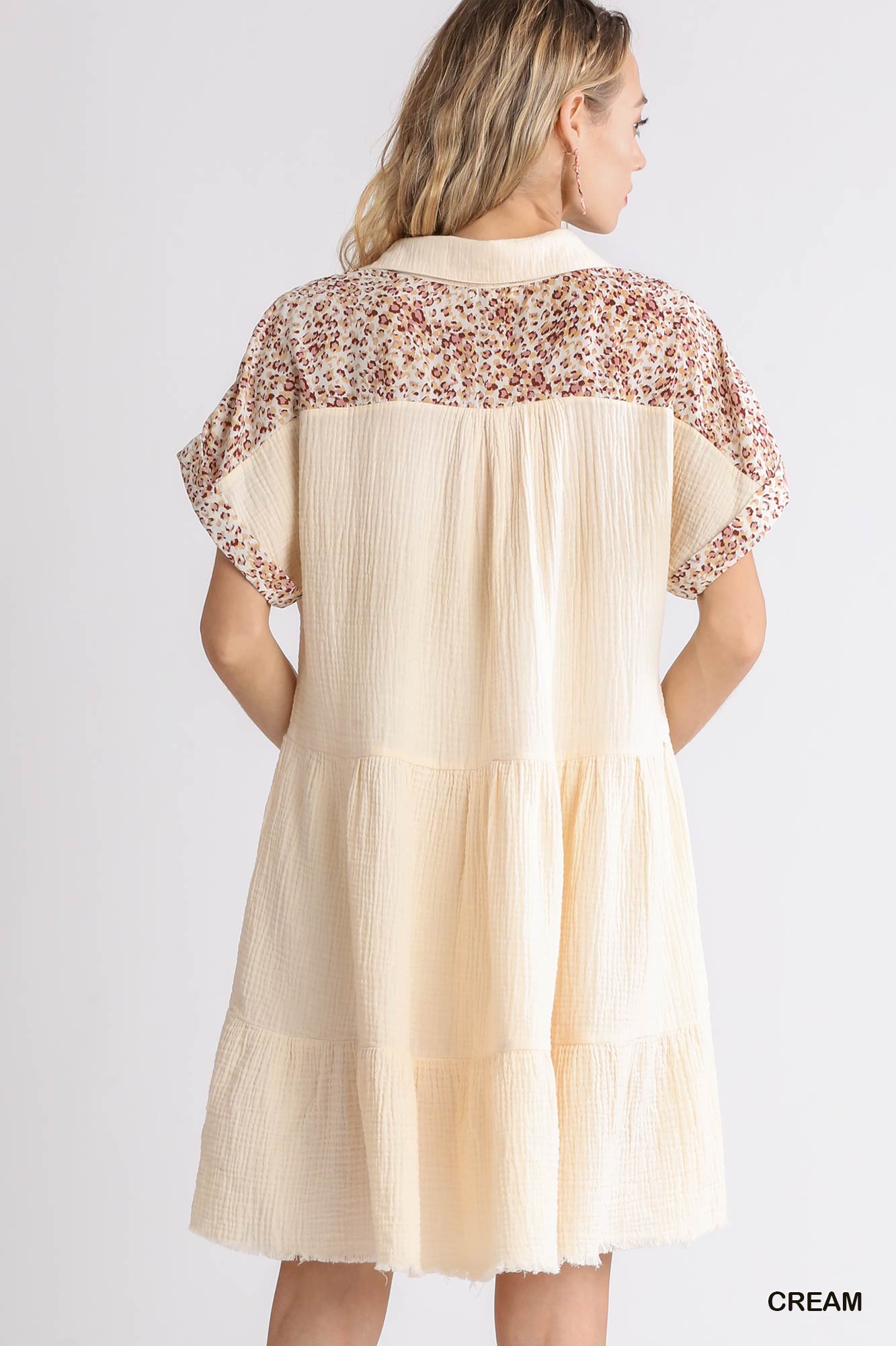 Umgee Cream Mixed Print Short Folded Sleeve V-Neck Collared Ruffle Tiered Dress - Roulhac Fashion Boutique