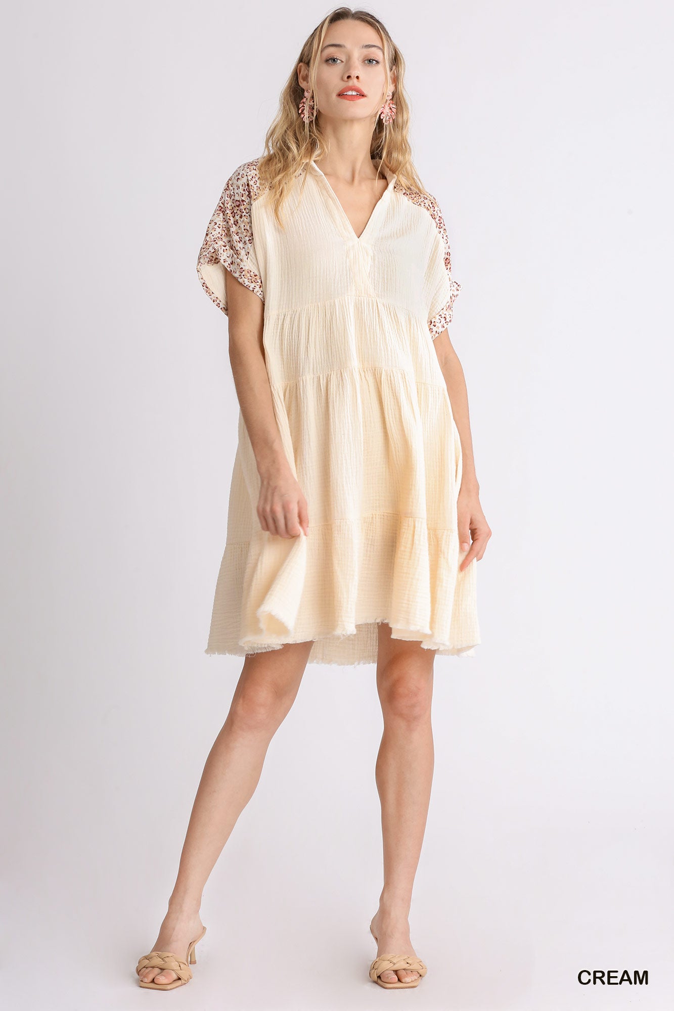 Umgee Cream Mixed Print Short Folded Sleeve V-Neck Collared Ruffle Tiered Dress - Roulhac Fashion Boutique