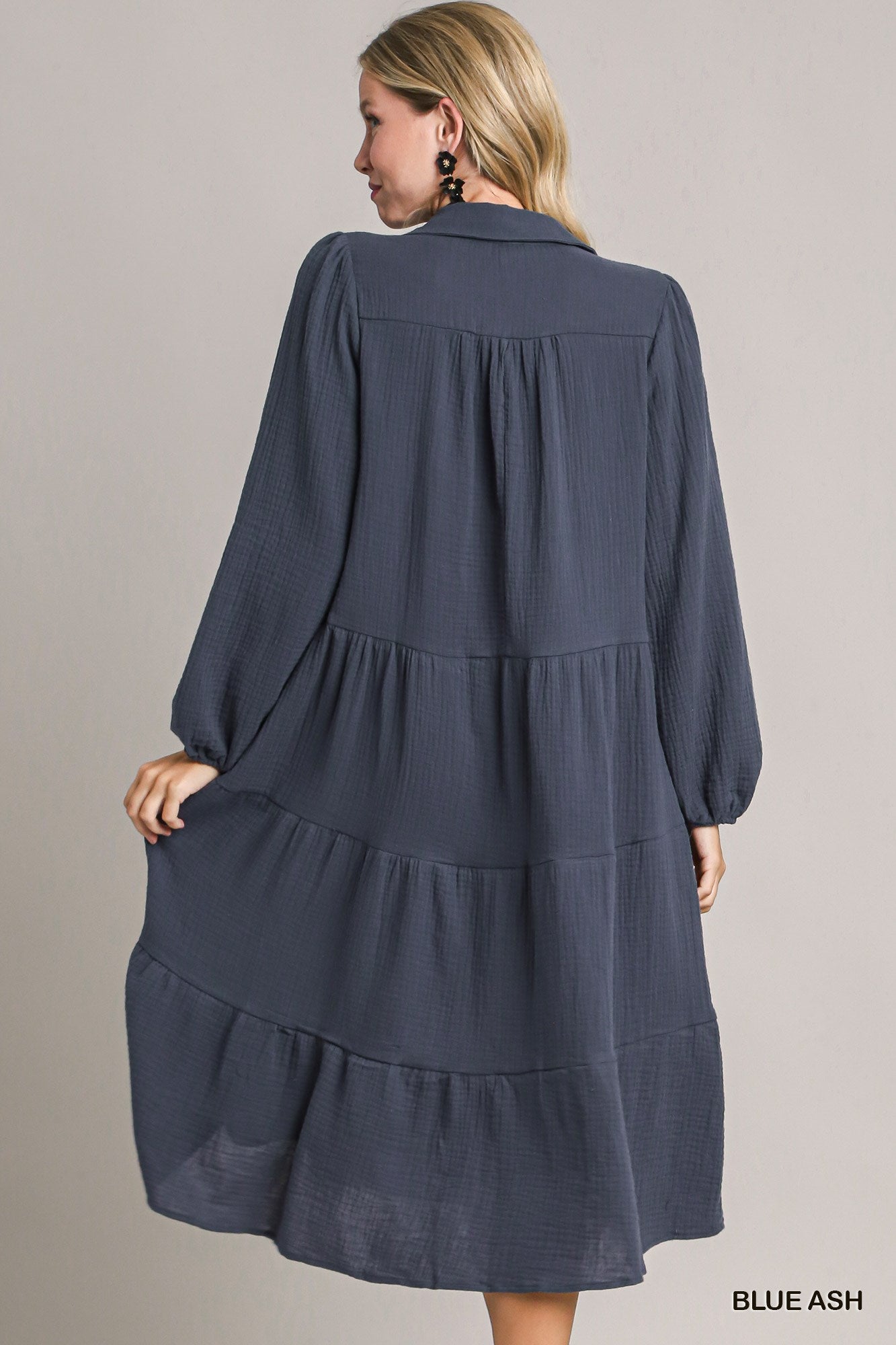 Umgee Gauze Long Sleeve Collar Split Neck Tiered Maxi Dress - Roulhac Fashion Boutique