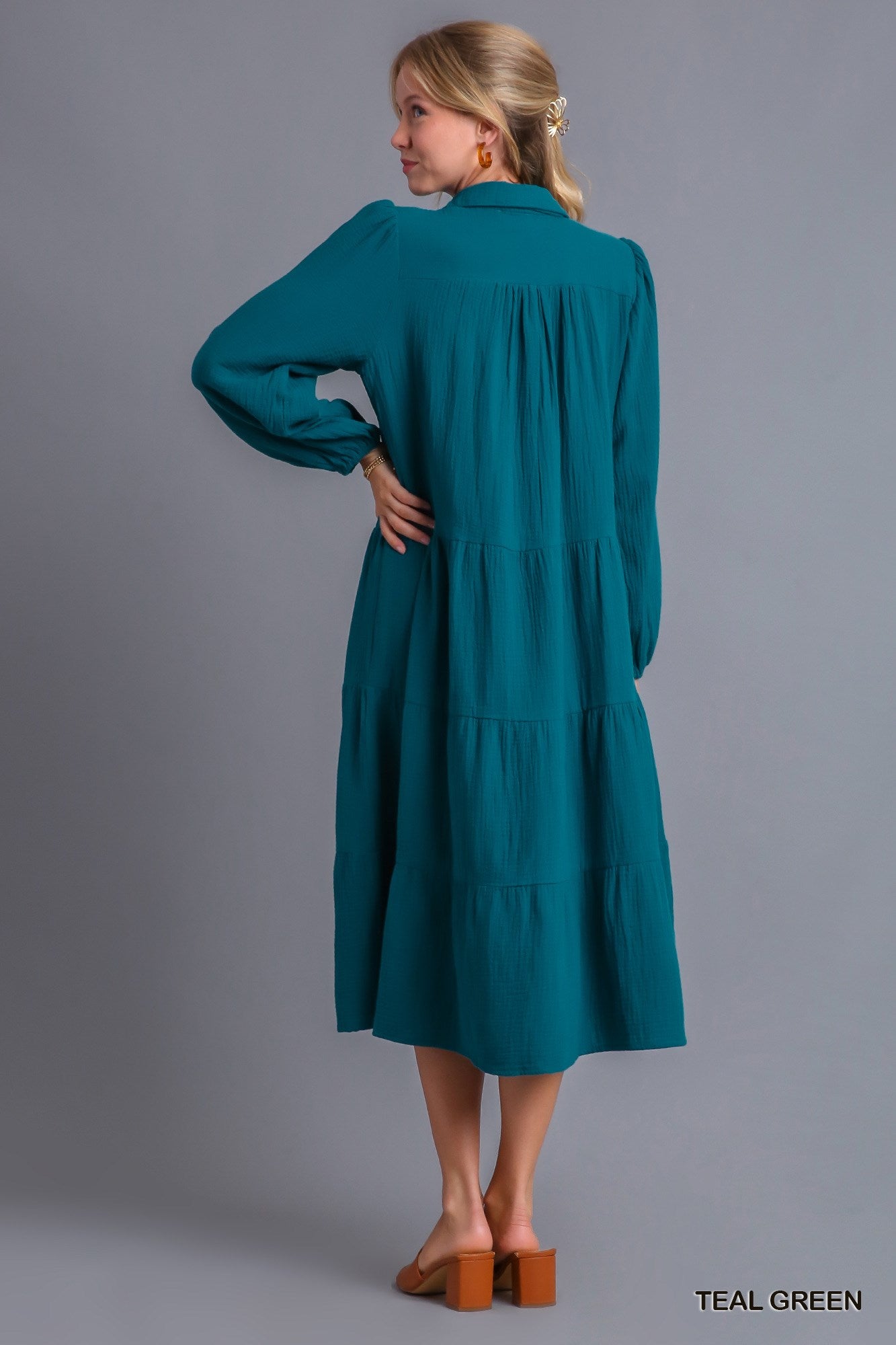 Umgee Gauze Long Sleeve Collar Split Neck Tiered Maxi Dress - Roulhac Fashion Boutique