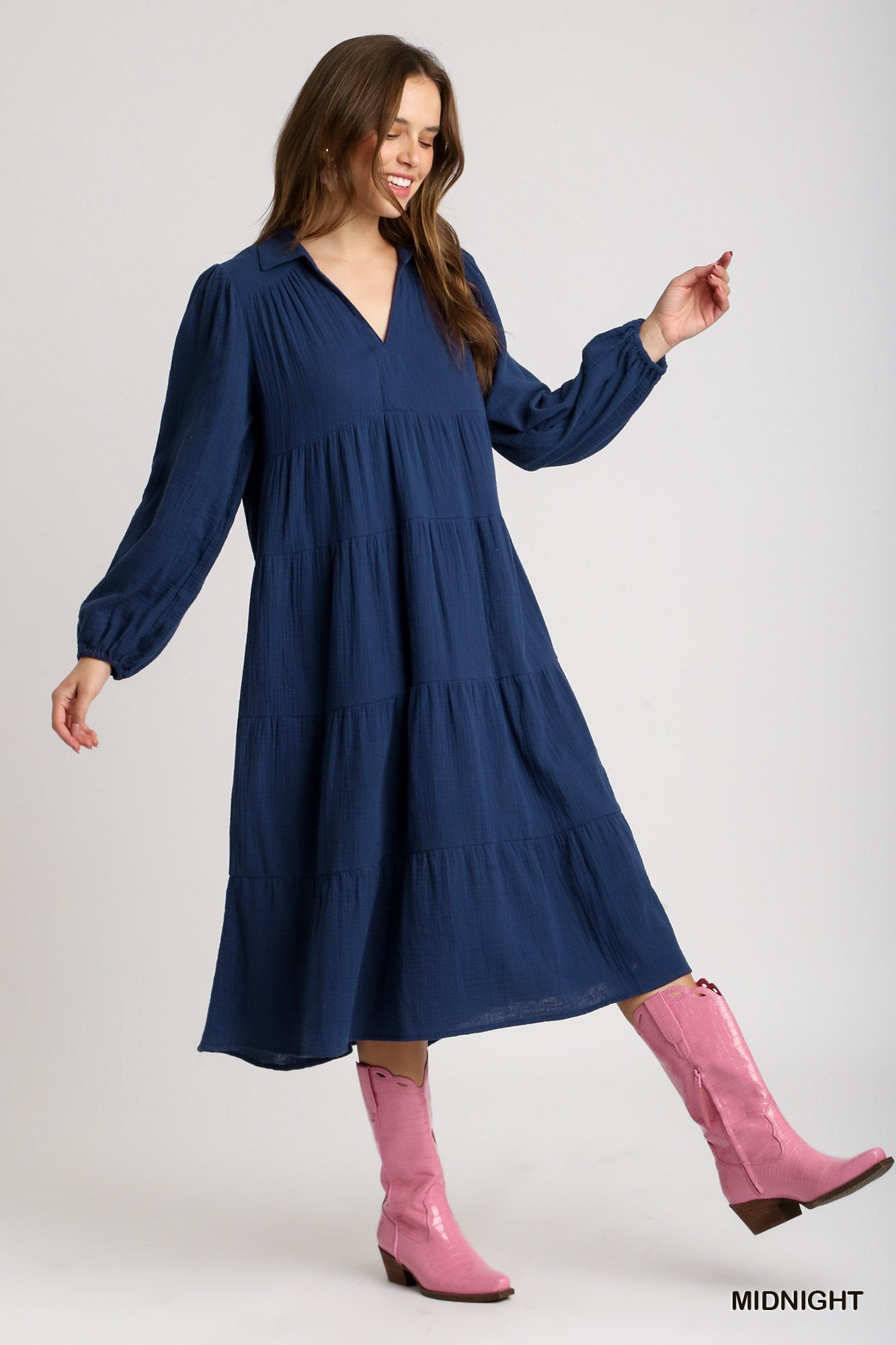 Umgee Gauze Long Sleeve Collar Split Neck Tiered Maxi Dress