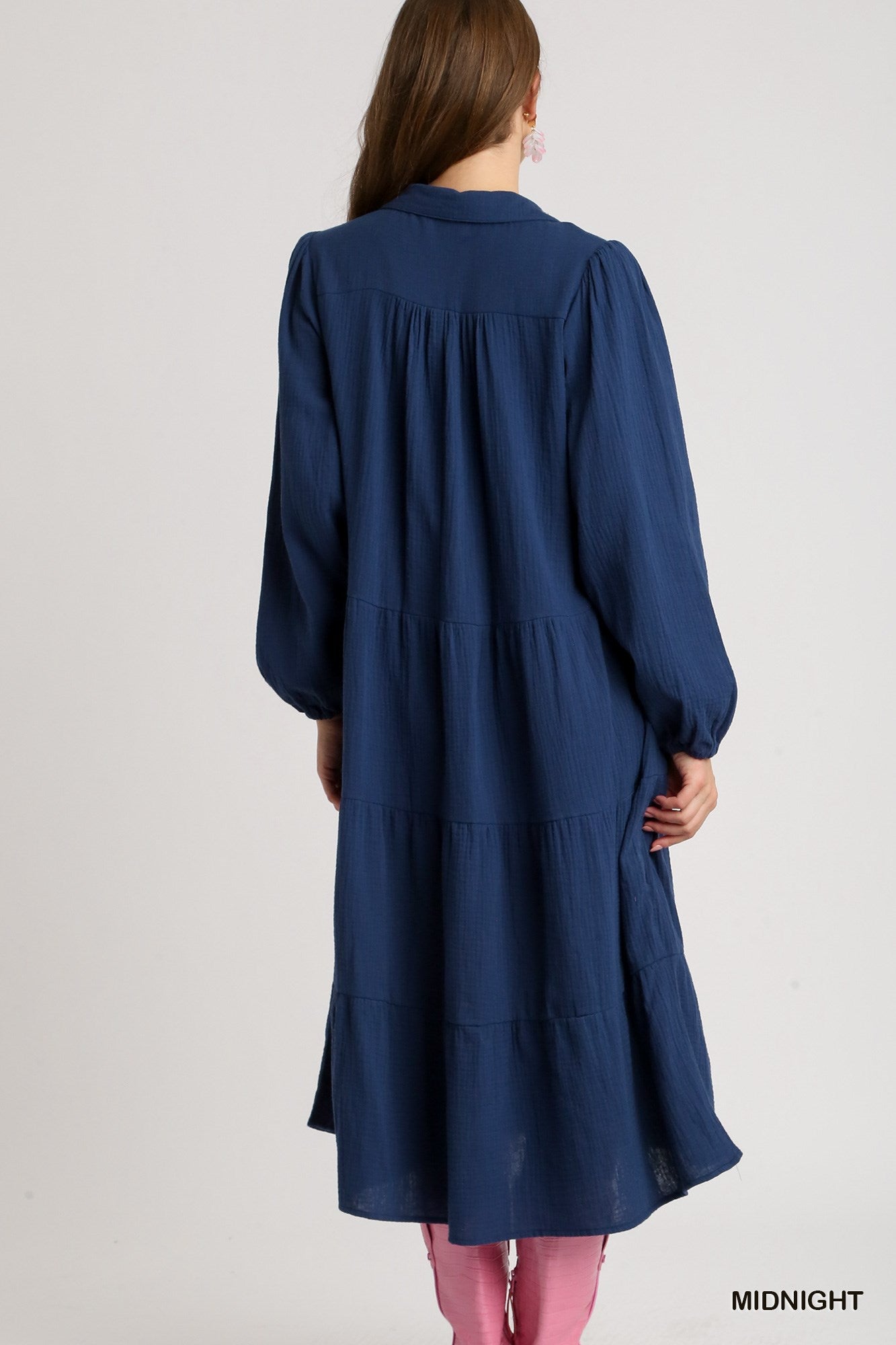 Umgee Gauze Long Sleeve Collar Split Neck Tiered Maxi Dress