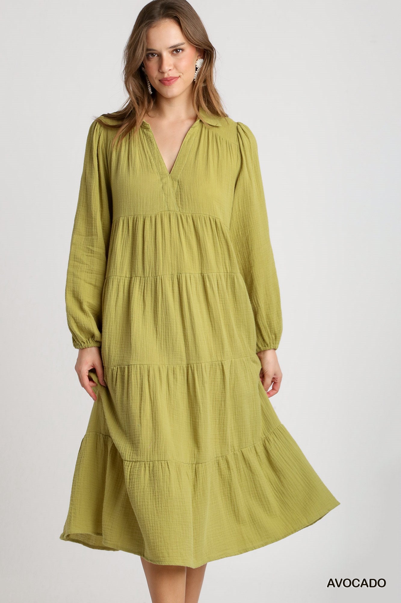 Umgee Gauze Long Sleeve Collar Split Neck Tiered Maxi Dress