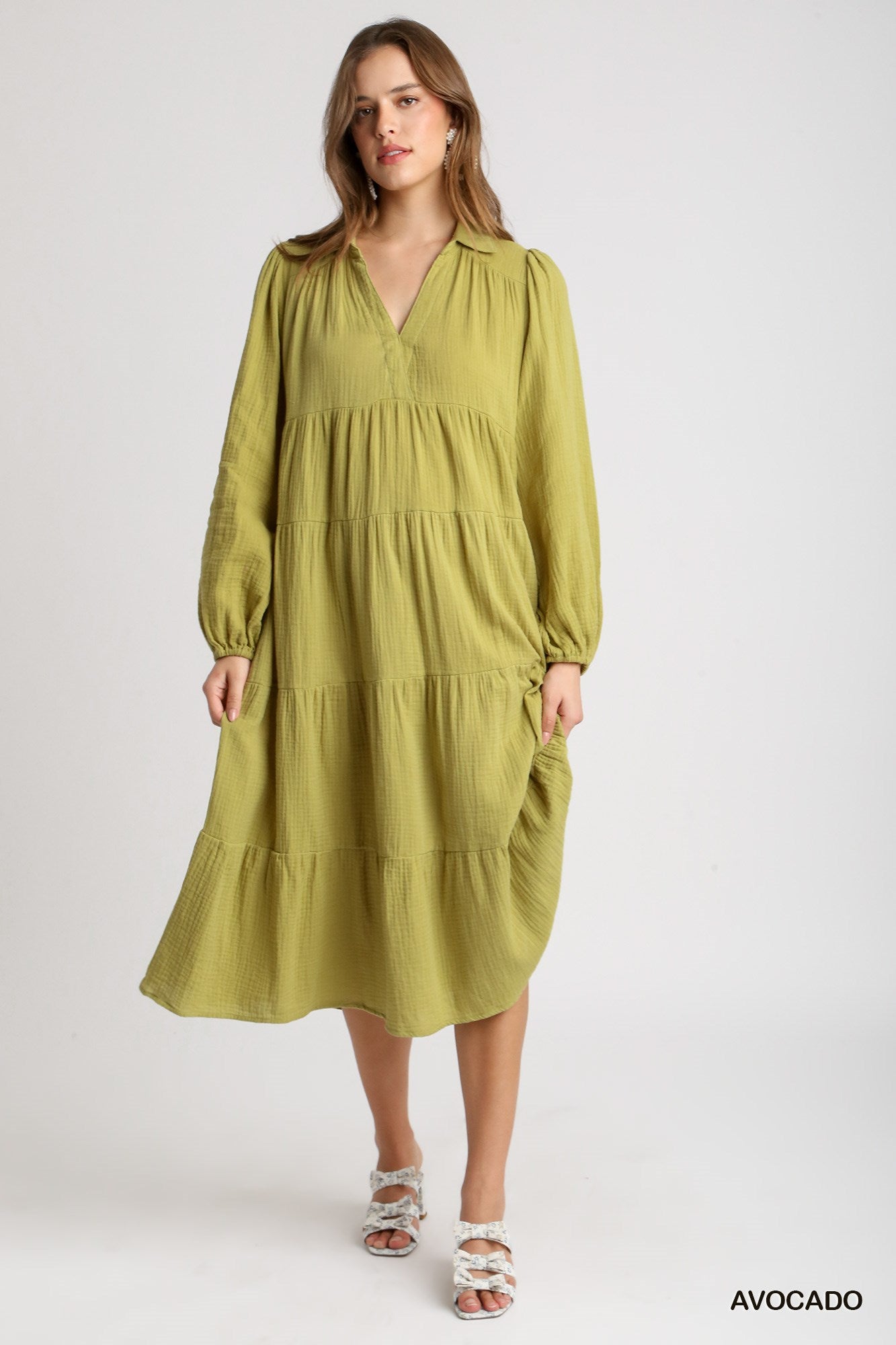 Umgee Gauze Long Sleeve Collar Split Neck Tiered Maxi Dress